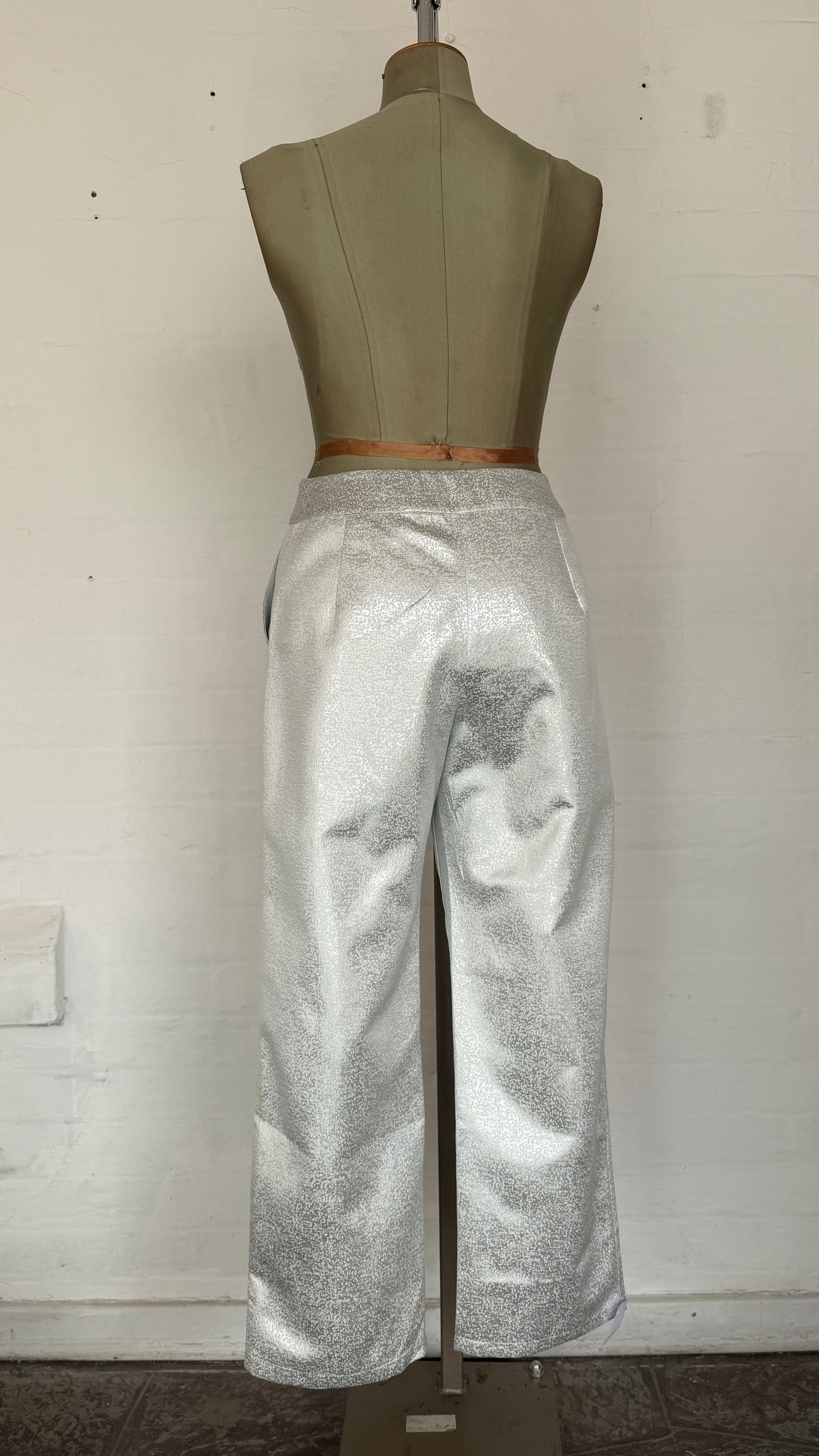 High-Waisted Metallic Silver Shimmer Wide-Leg Pants.