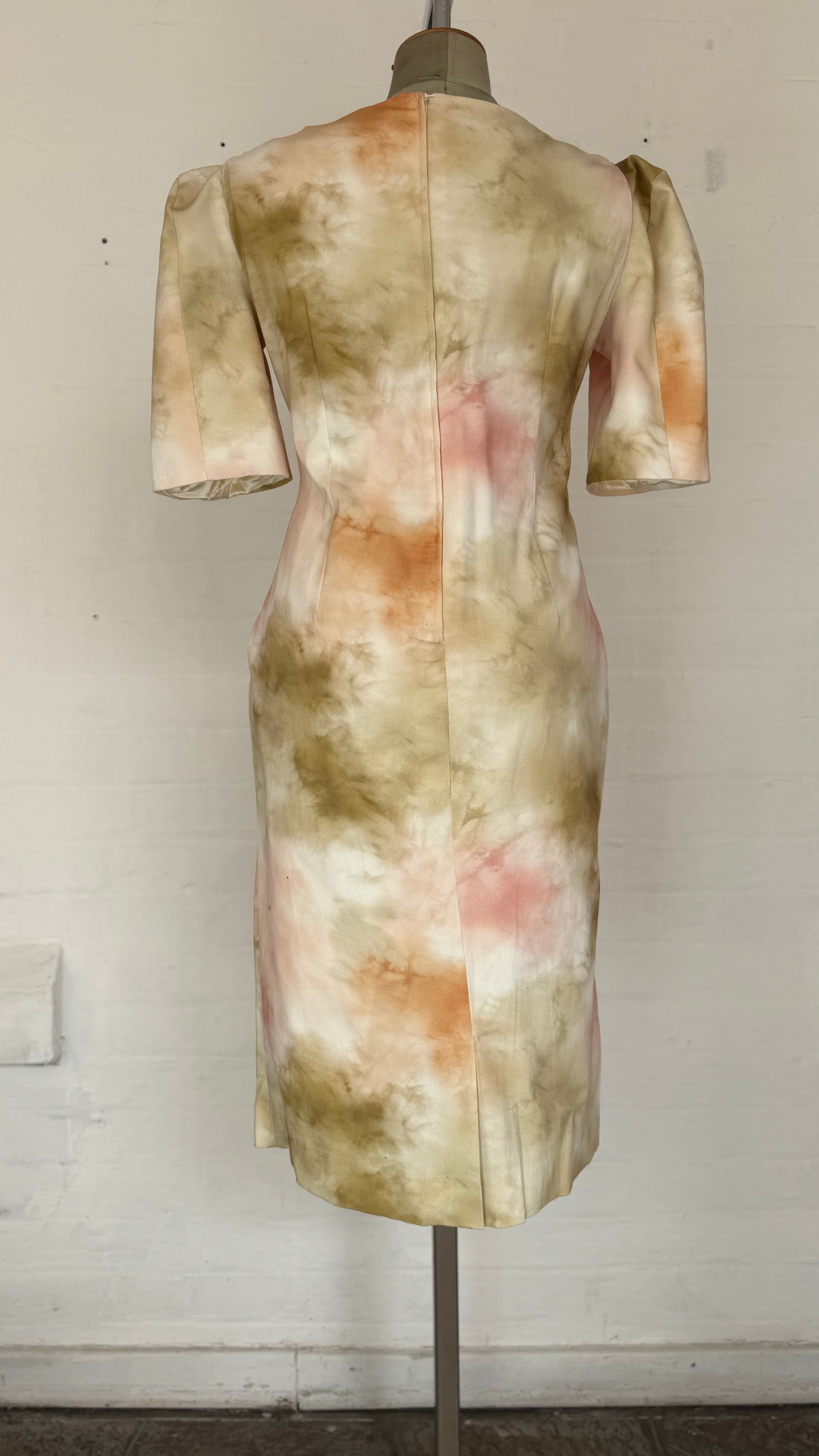 Blush & Olive Water-colour Tie-Dye Midi Sheath Dress.
