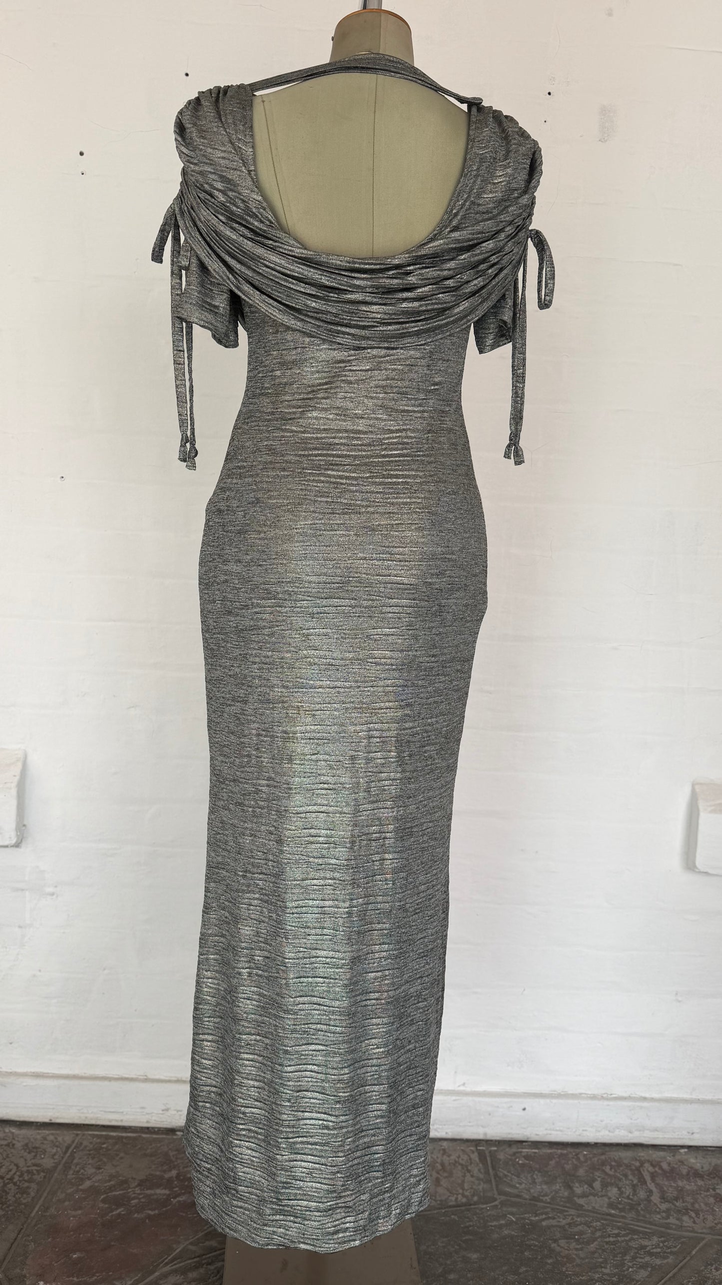 Heather Grey Metallic Cowl Neck Maxi Dress with Tie Sleeves.
