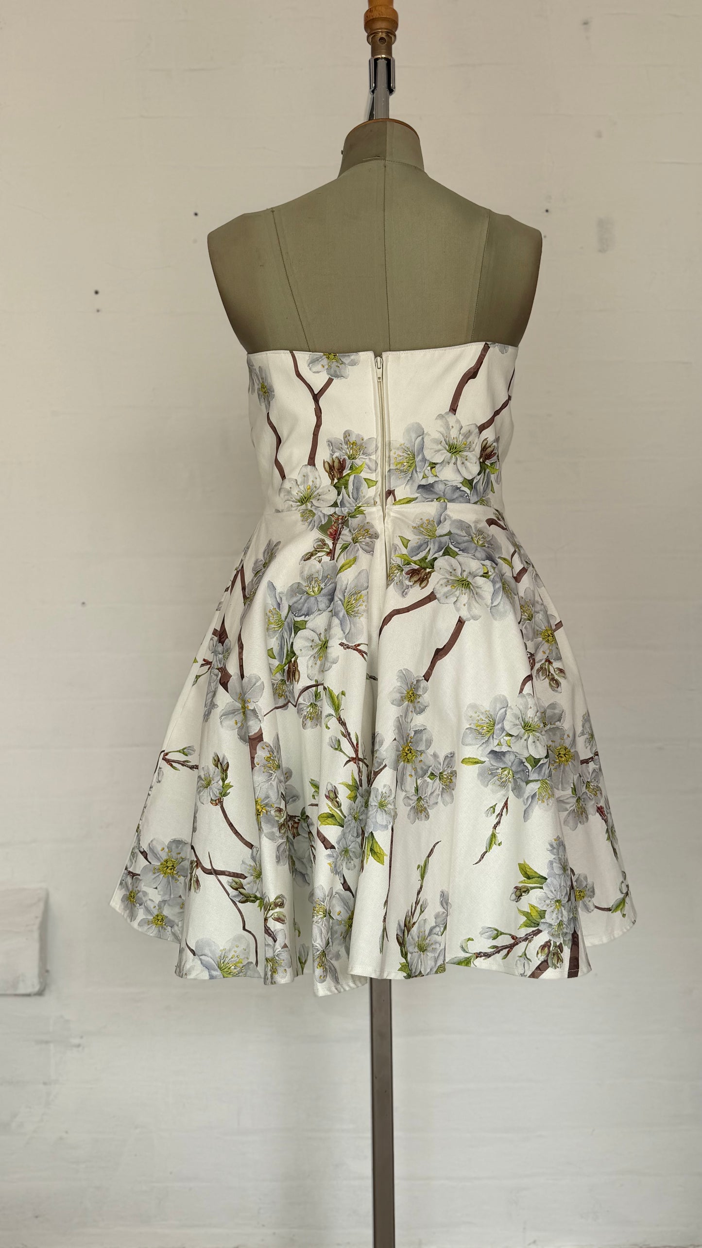 White Cherry Blossom Strapless Fit and Flare Dress