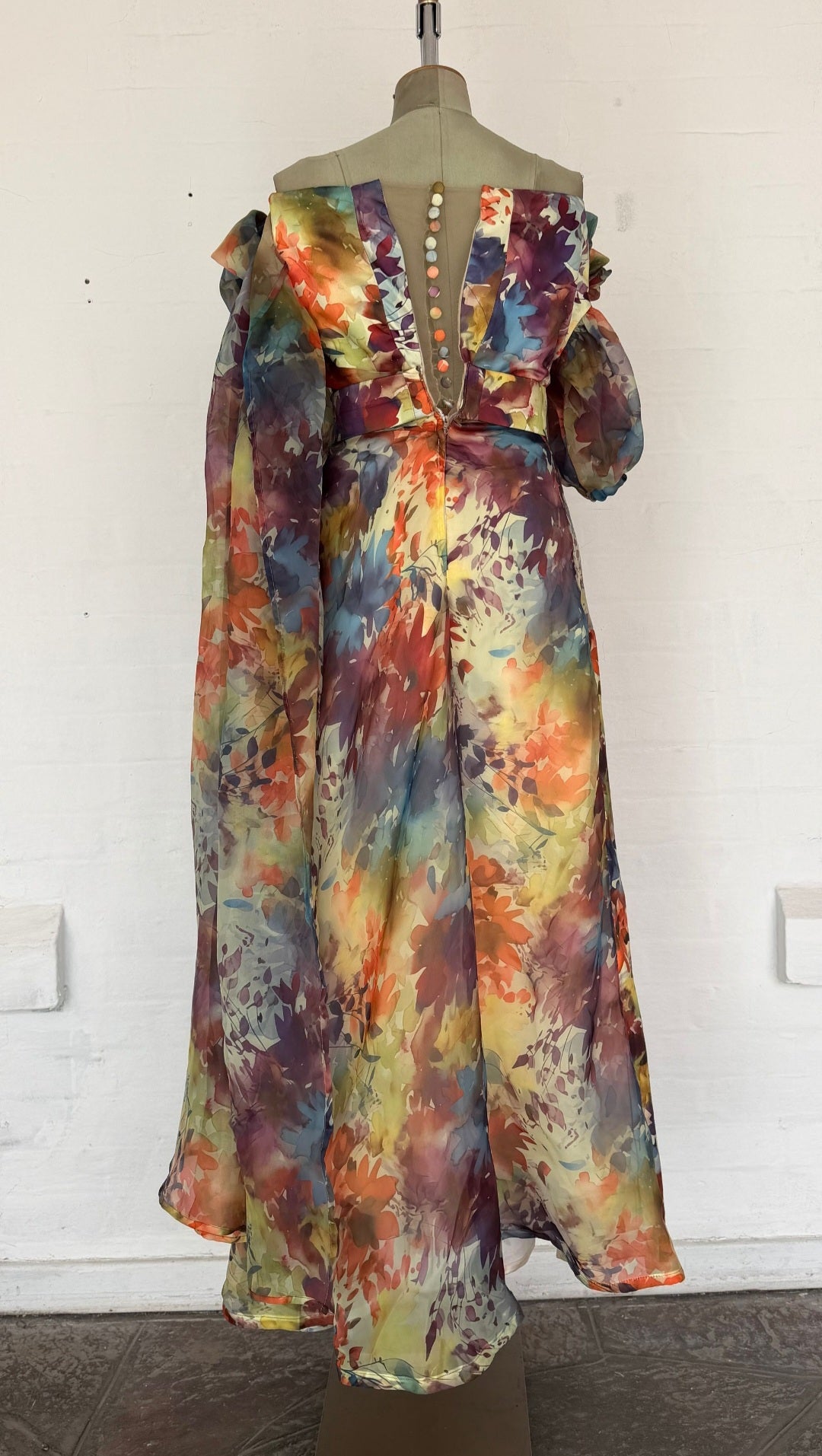 Watercolor Floral Off-Shoulder Button Back Maxi Dress