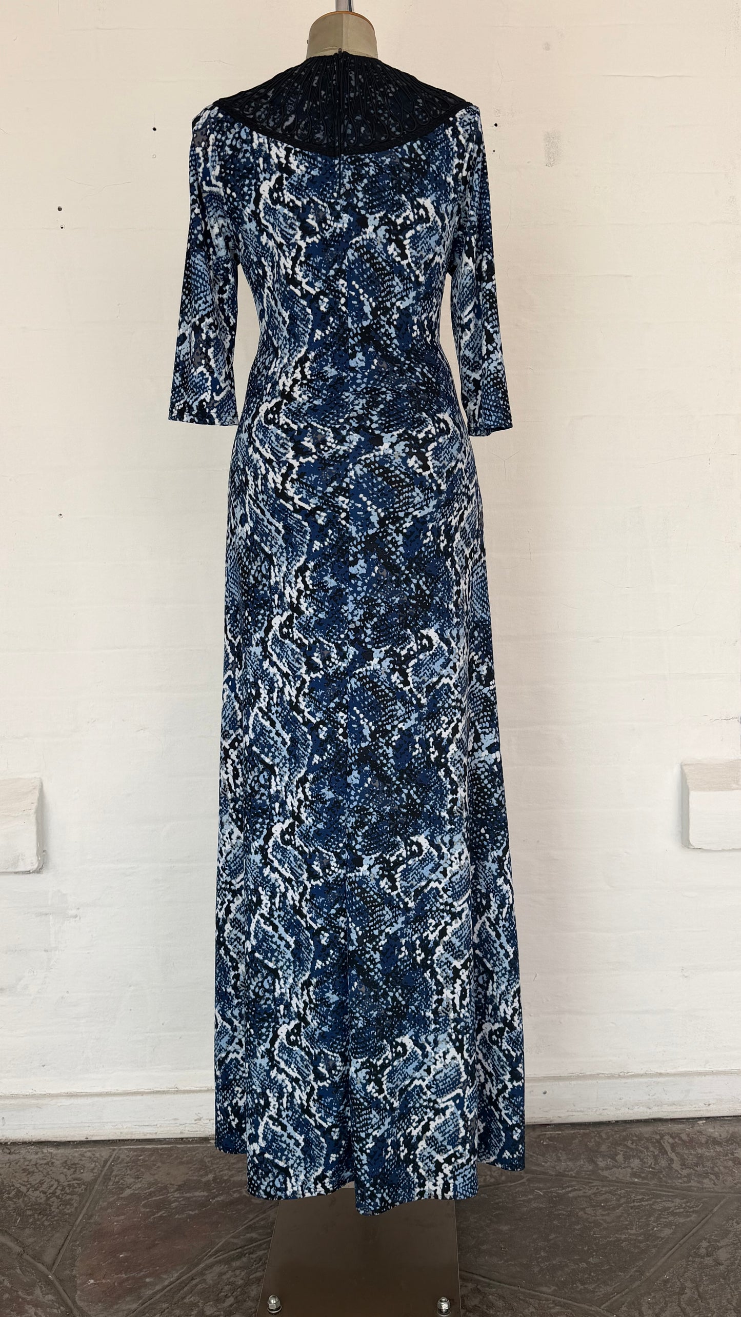 Mesh Yoke Maxi Dress – Blue Snake Print