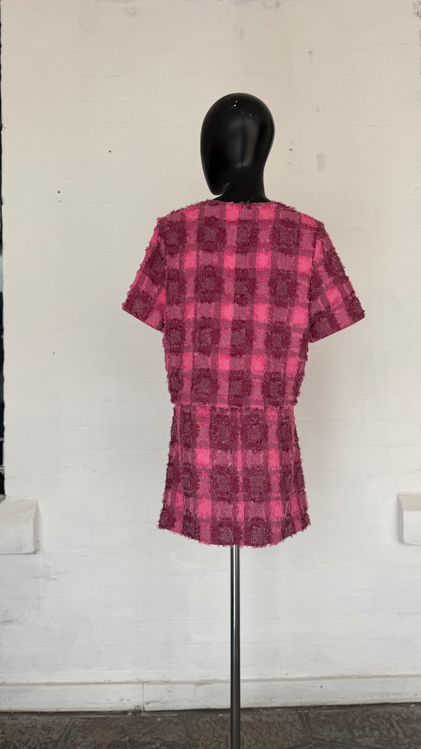 Pink Checkered Fringed Tweed 2-Piece Skirt Set