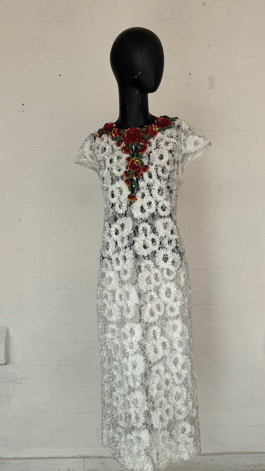 White Floral Lace Midi Dress with Embroidered Floral Neckline
