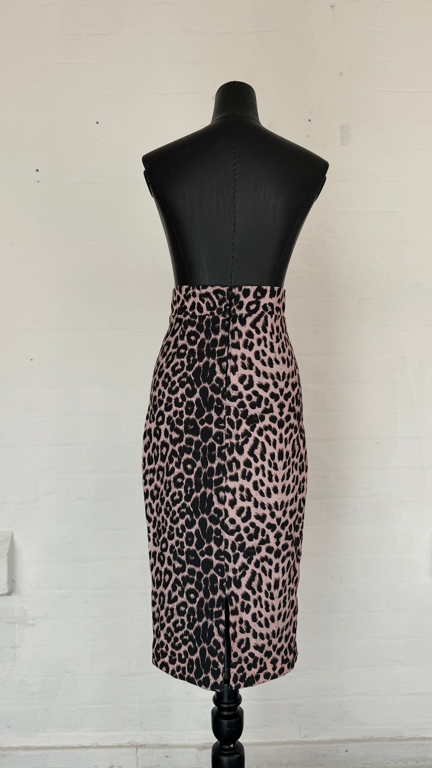 Pink & Black Leopard Print High-Waisted Midi Pencil Skirt