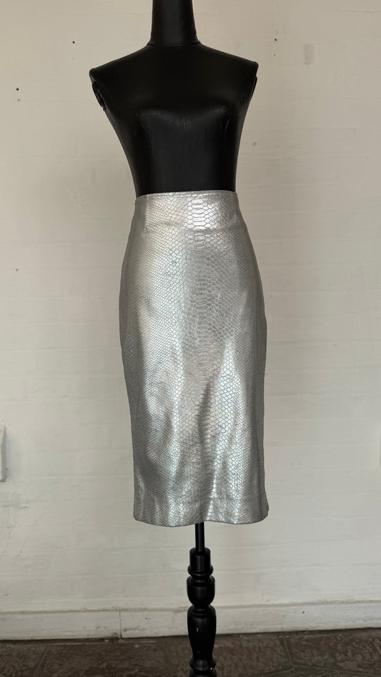 Metallic Silver Snakeskin High-Waisted Midi Pencil Skirt