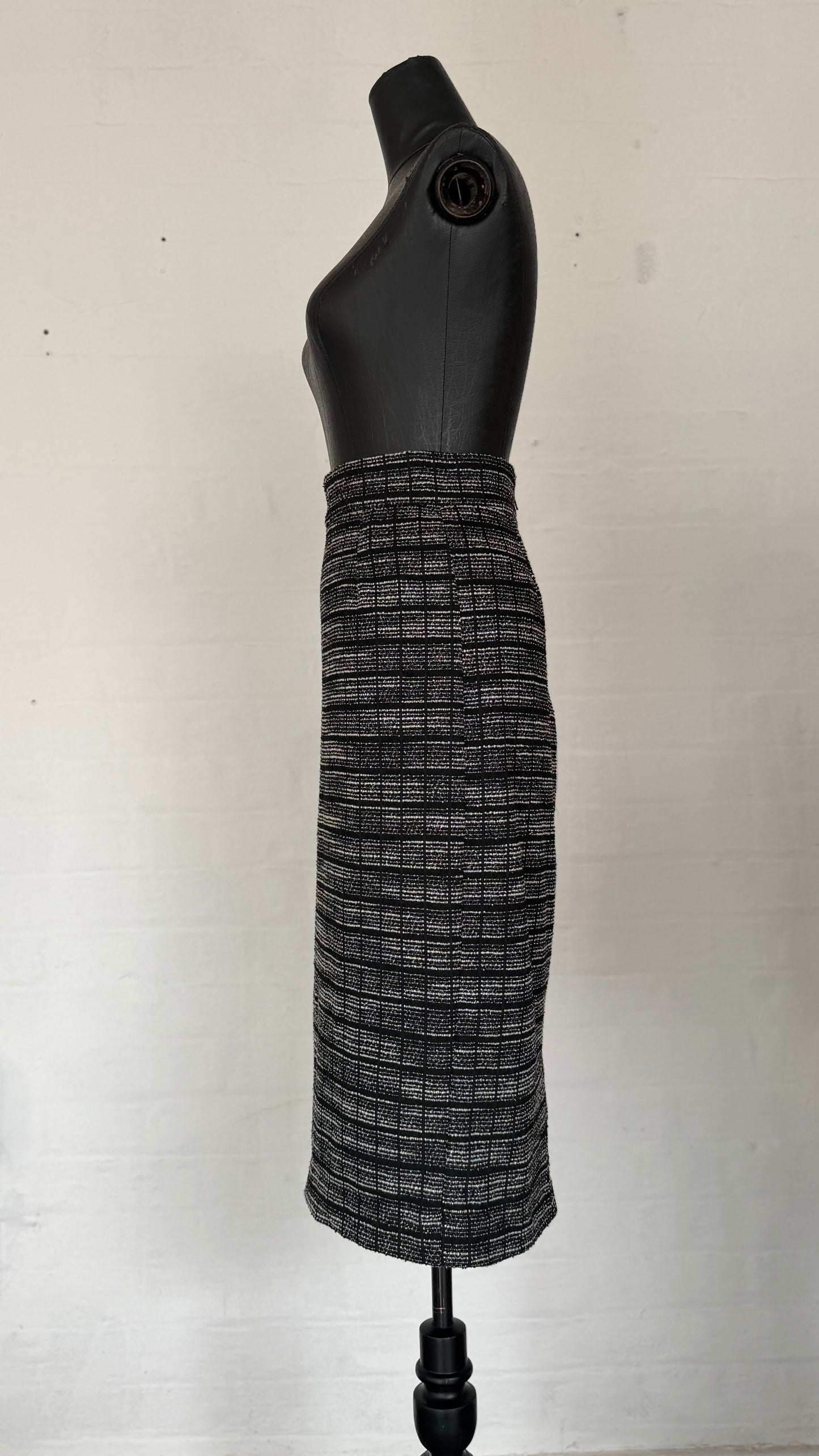 High-Waisted Black & White Tweed Check Midi Pencil Skirt
