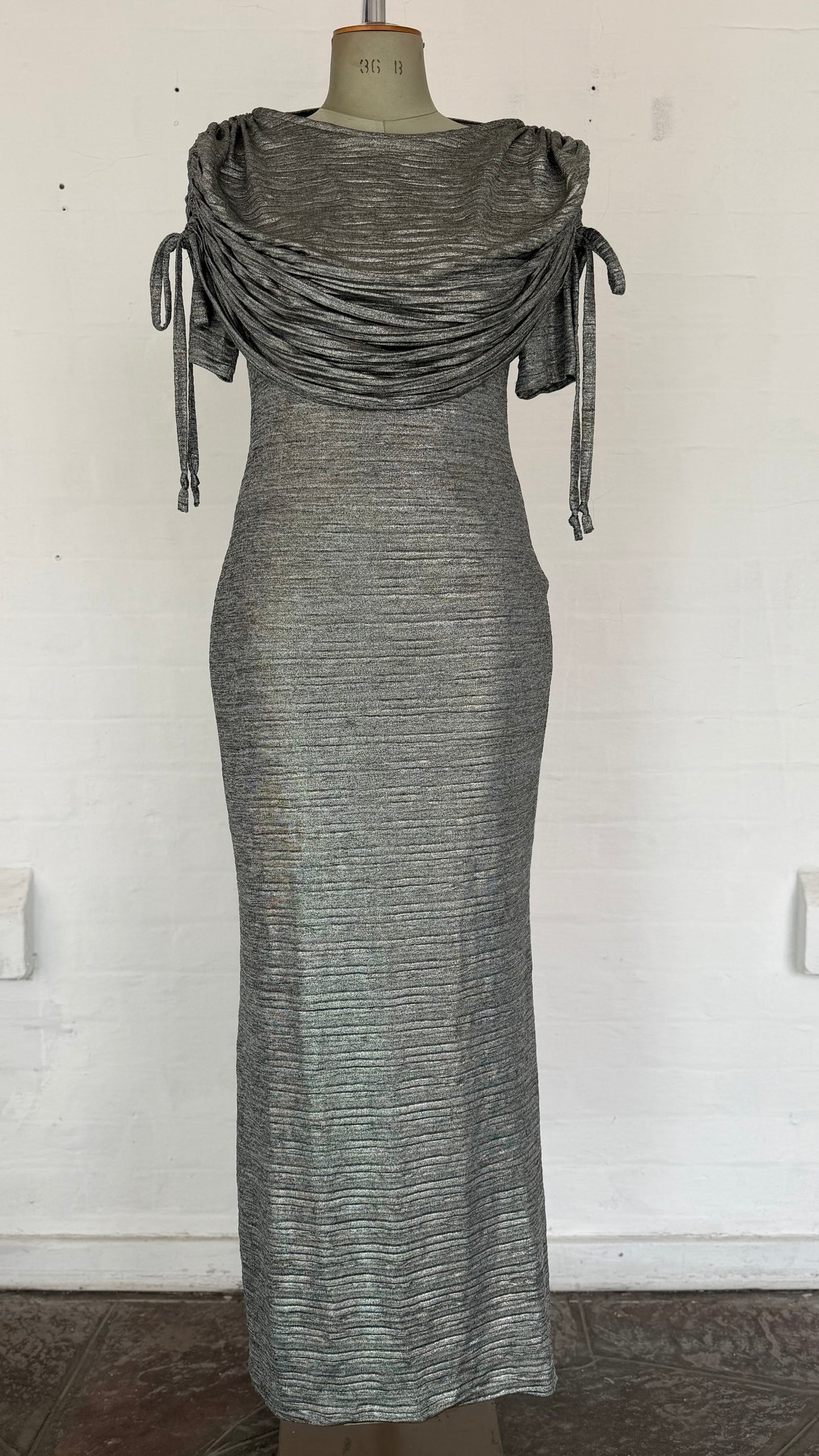 Heather Grey Metallic Cowl Neck Maxi Dress with Tie Sleeves.