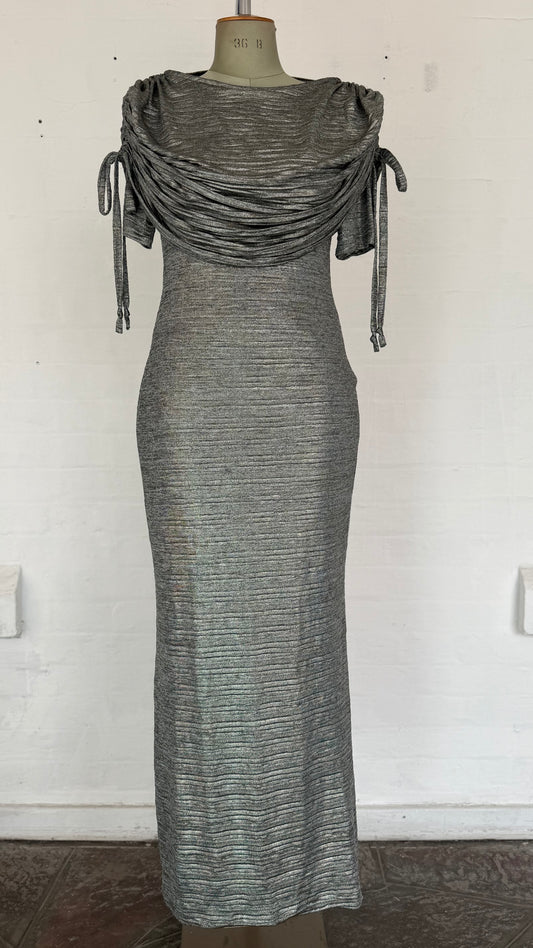 Heather Grey Metallic Cowl Neck Maxi Dress with Tie Sleeves.