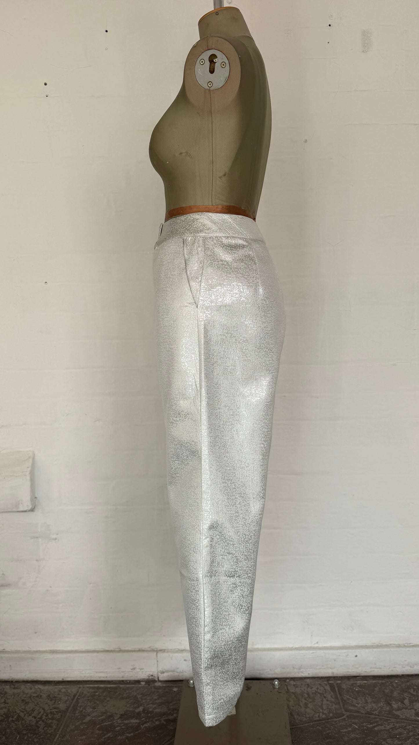 High-Waisted Metallic Silver Shimmer Wide-Leg Pants.