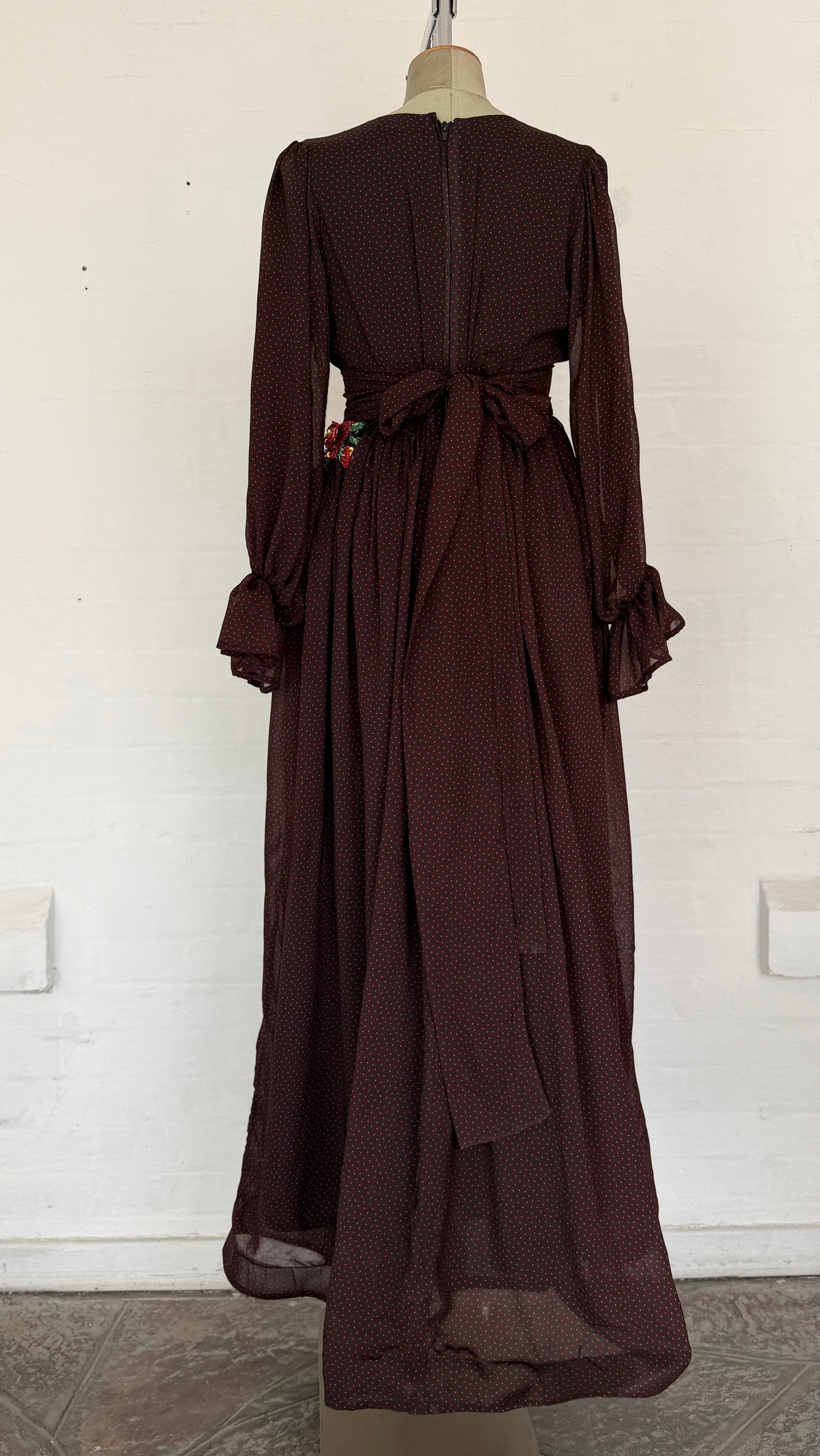 Burgundy Polka Dot Wrap Maxi Dress with Floral Embroidered Belt