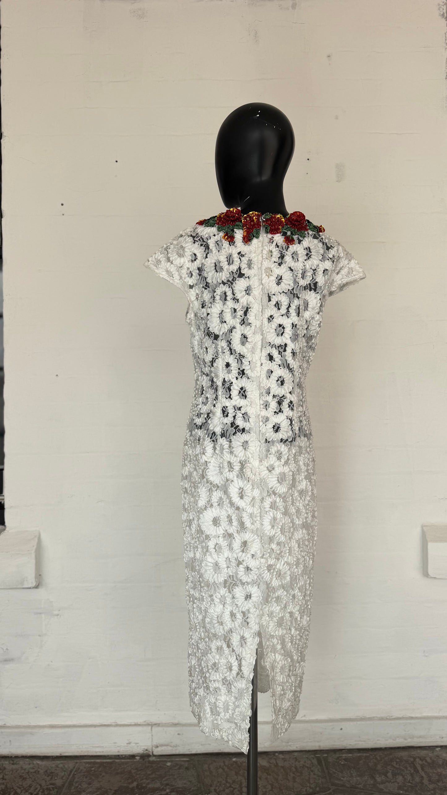 White Floral Lace Midi Dress with Embroidered Floral Neckline