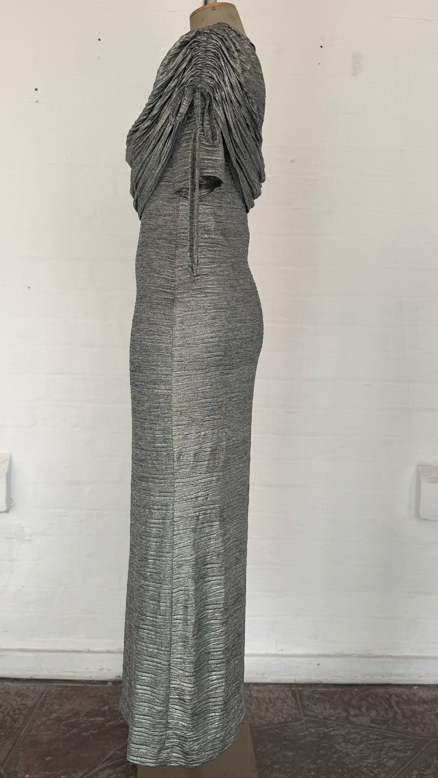 Heather Grey Metallic Cowl Neck Maxi Dress with Tie Sleeves.