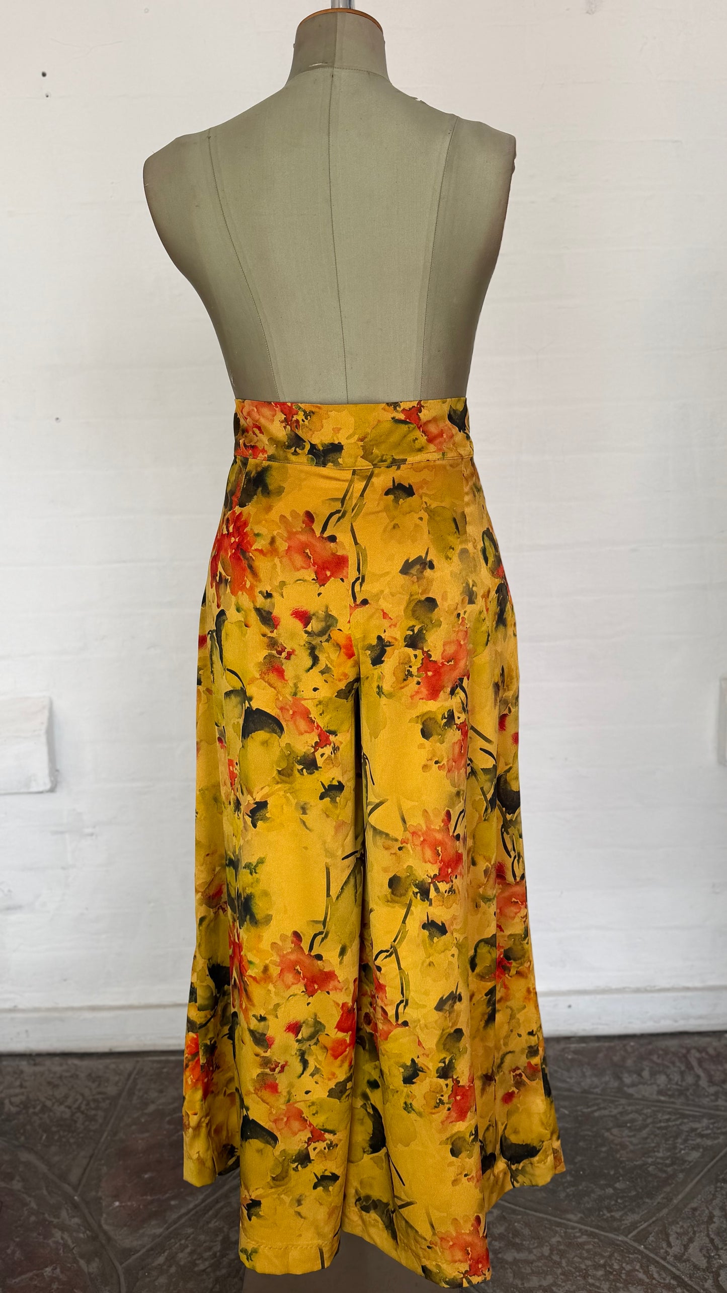 Mustard Water-colour Floral High-Waist Wide-Leg Pants