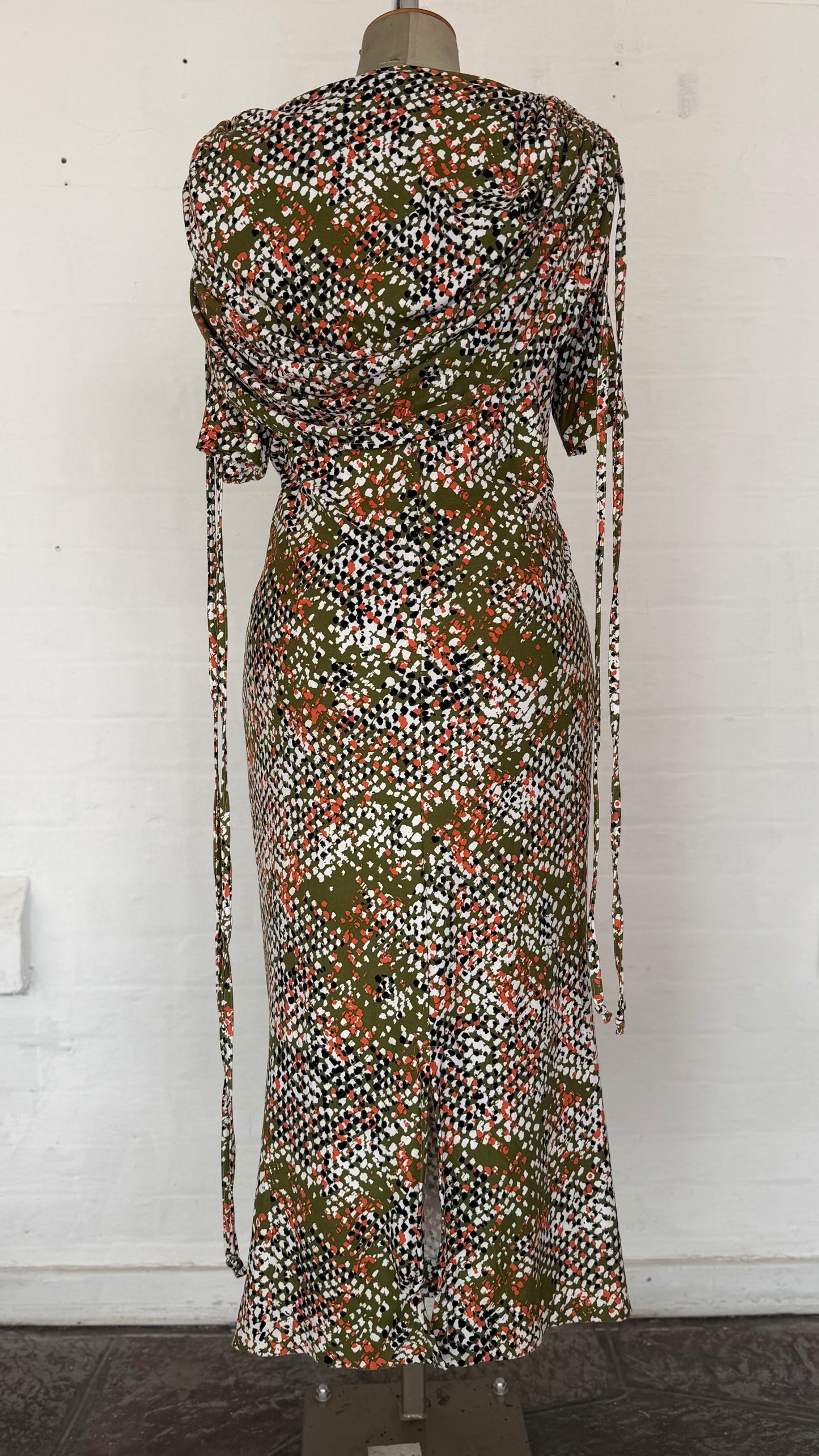 Olive Ditsy Print Cowl Neck Midi Dress with Tie Sleeves.