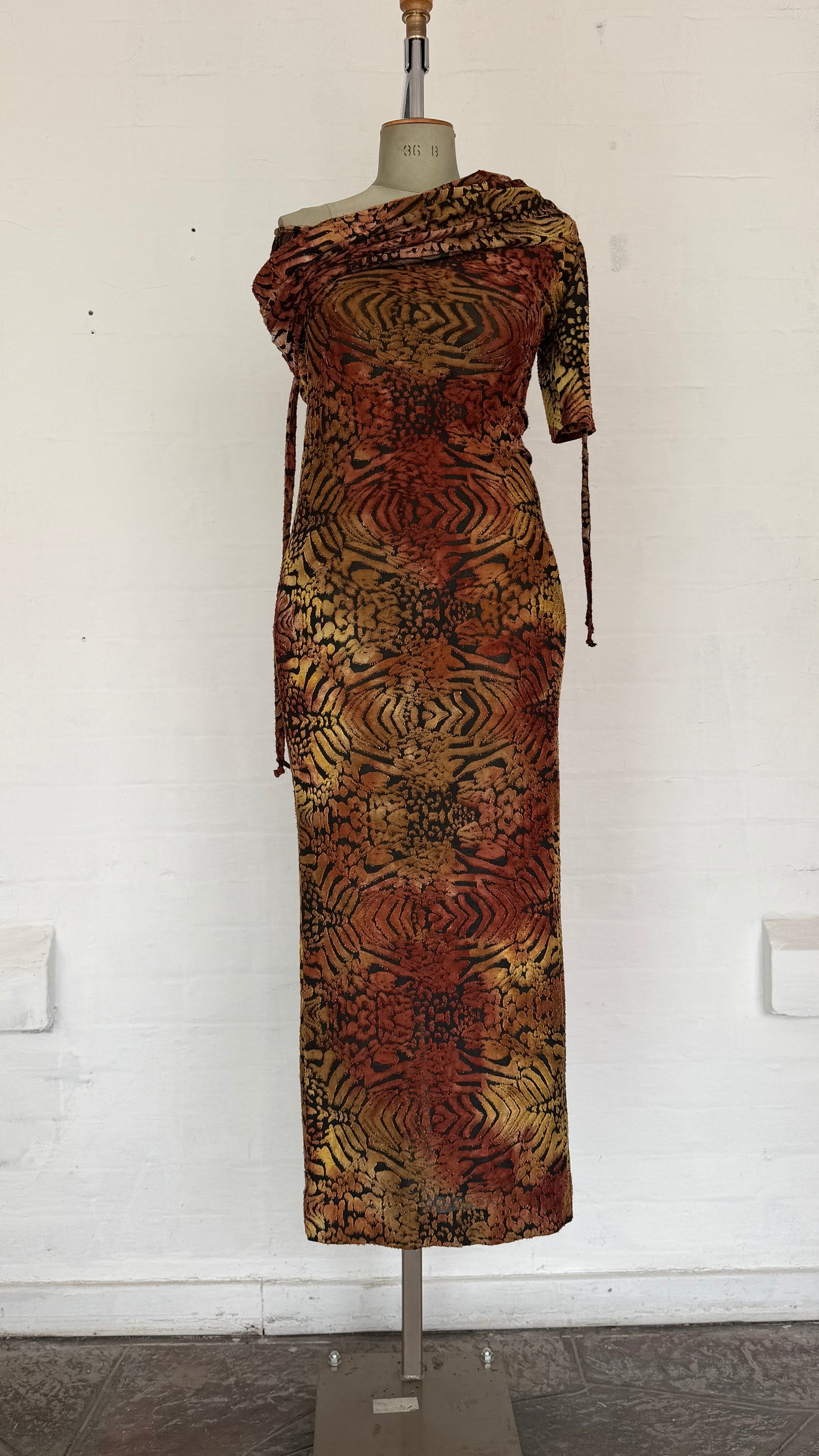 Rust & Gold Animal Print One-Shoulder Bodycon Midi Dress.