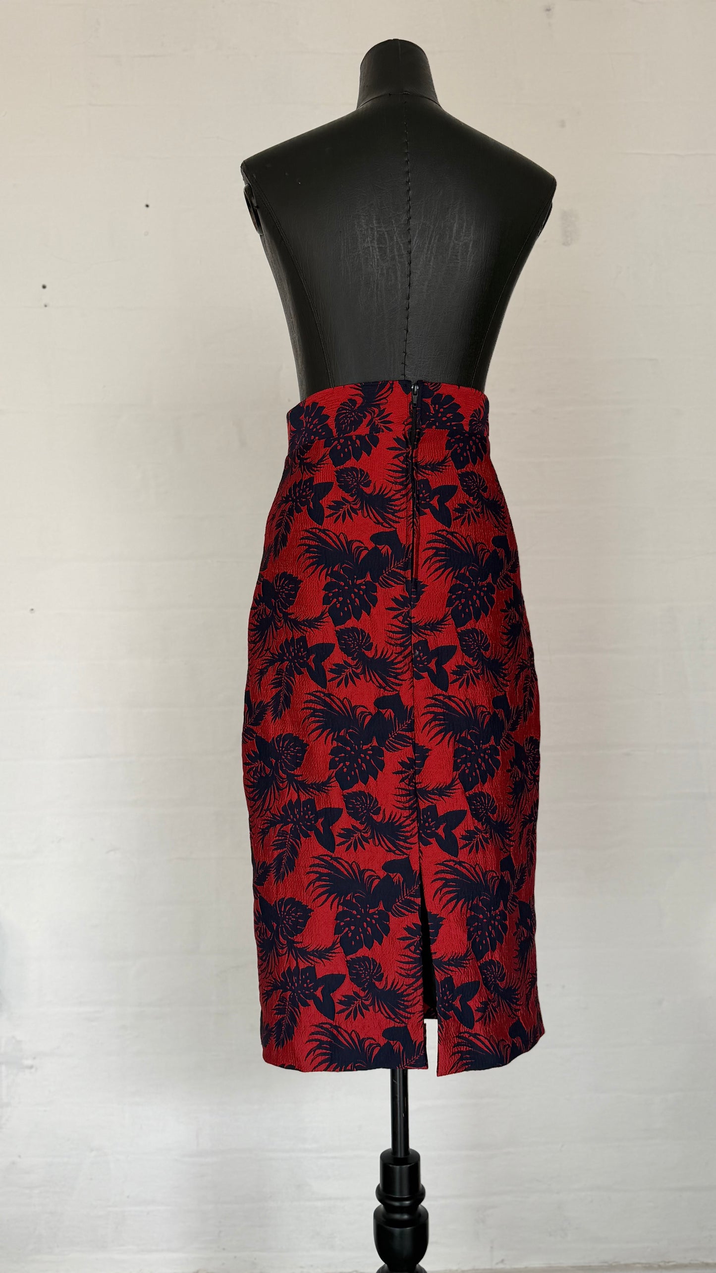 High-Waisted Red & Navy Tropical Print Pencil Skirt