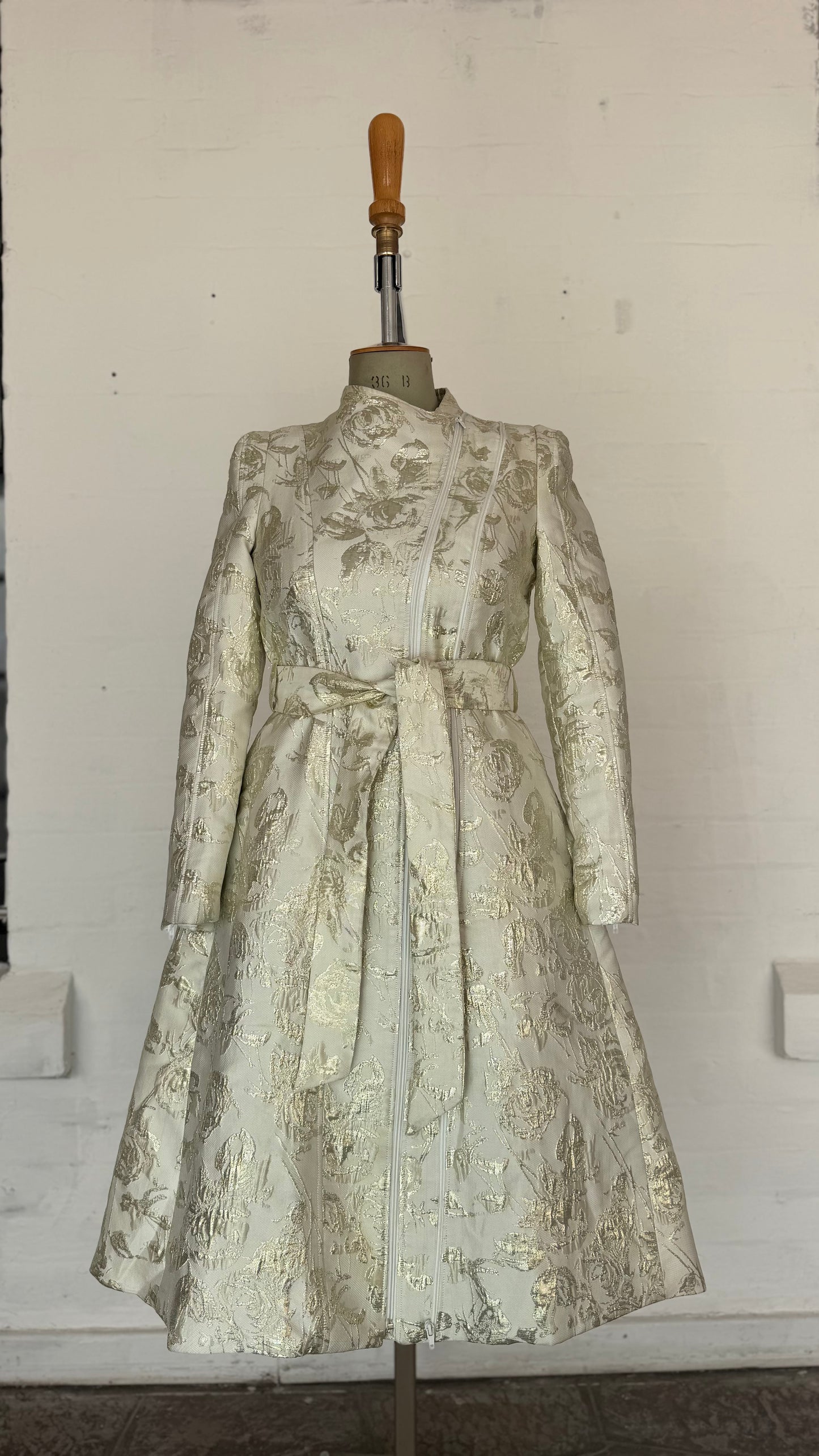 Ivory & Gold Floral Jacquard Belted Midi Coat dress