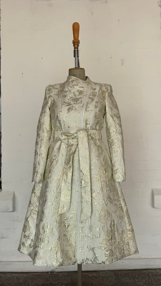 Ivory & Gold Floral Jacquard Belted Midi Coat dress