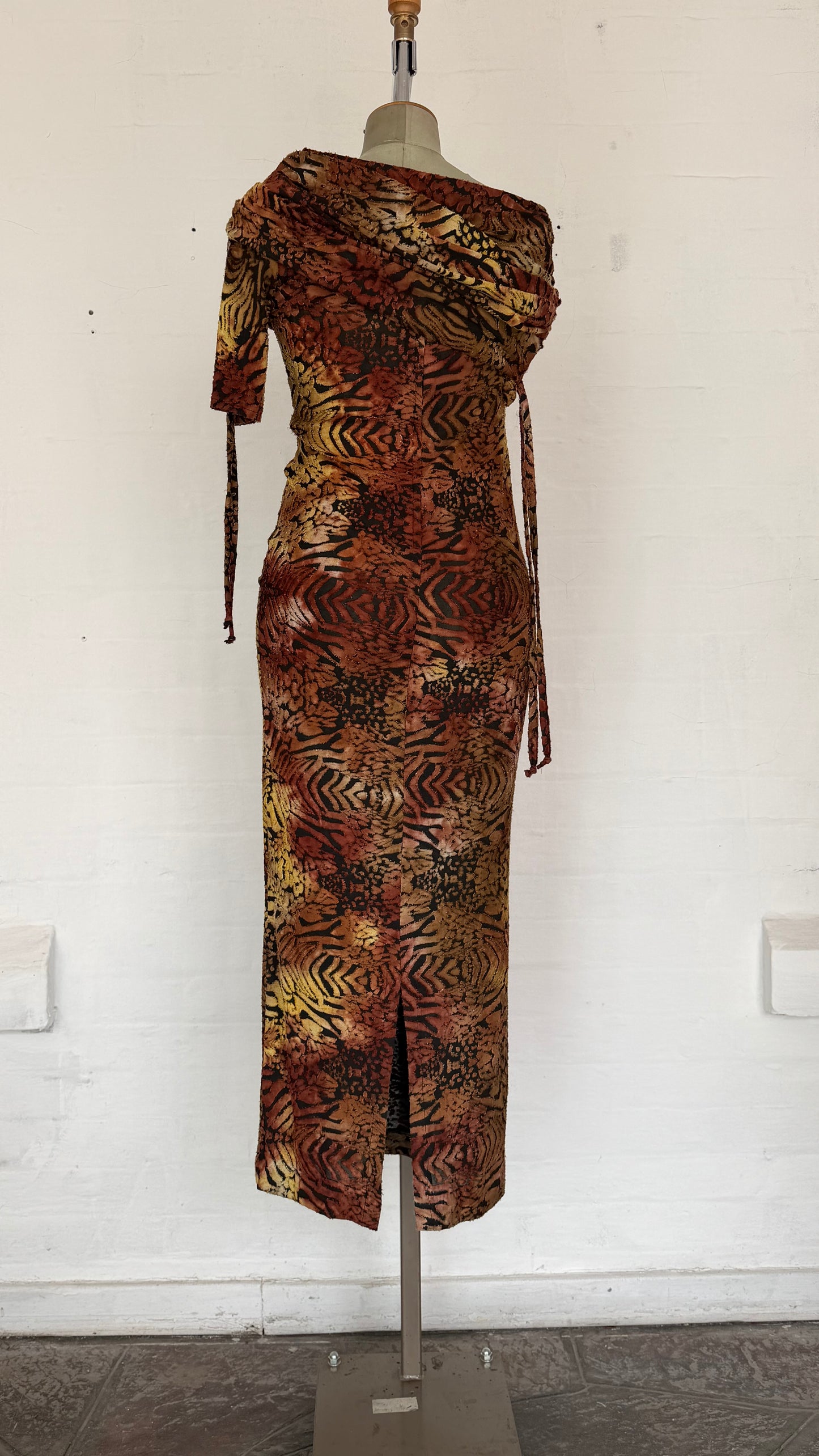 Rust & Gold Animal Print One-Shoulder Bodycon Midi Dress.