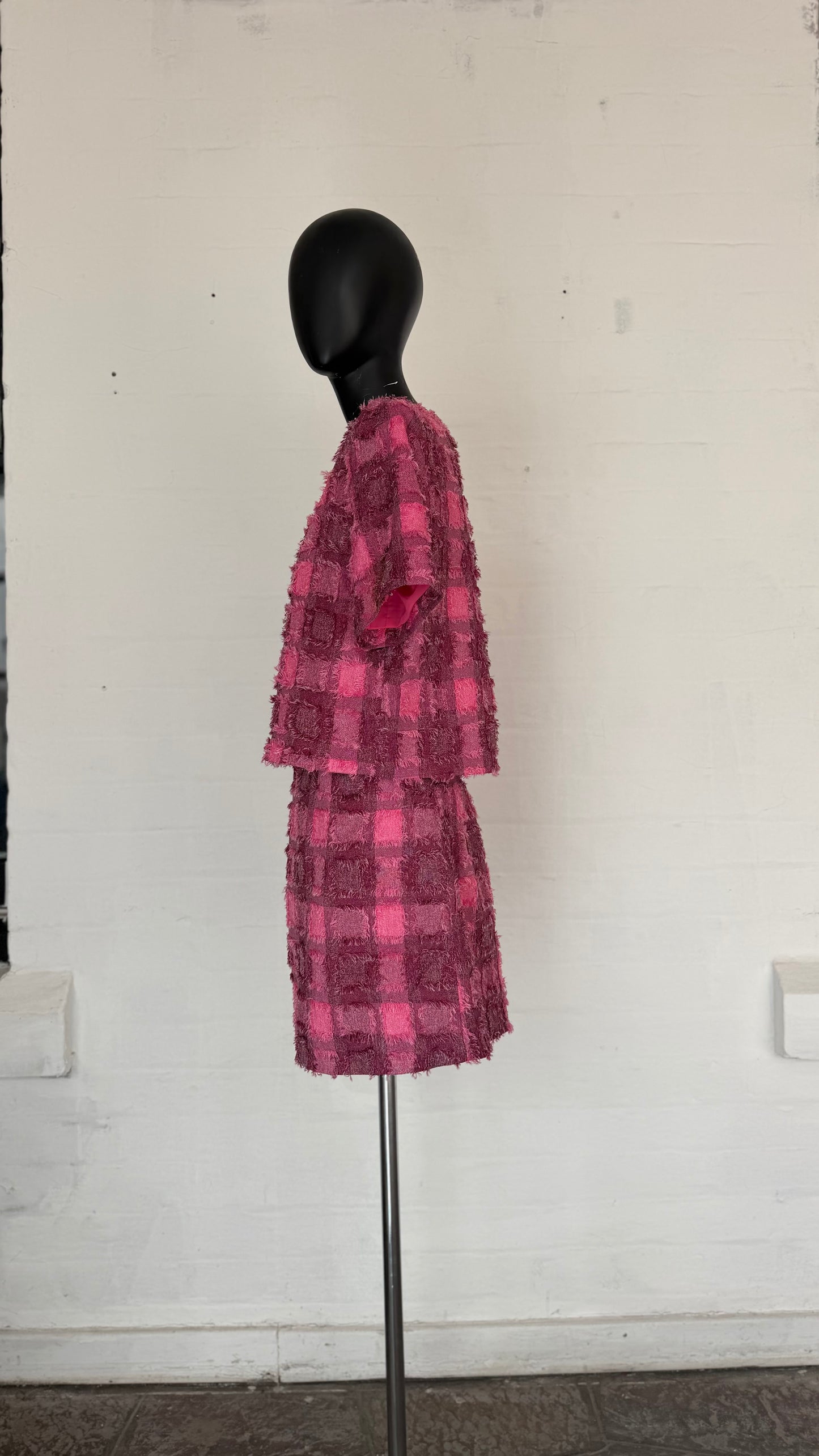 Pink Checkered Fringed Tweed 2-Piece Skirt Set