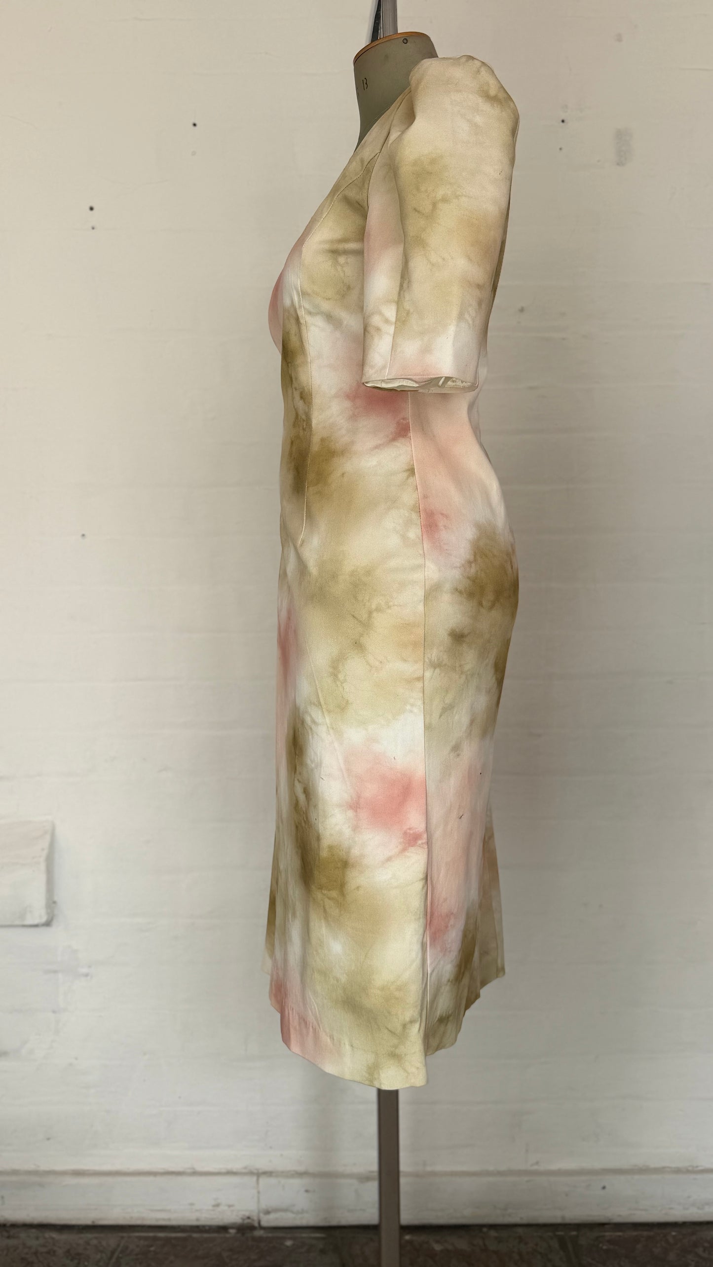 Blush & Olive Water-colour Tie-Dye Midi Sheath Dress.