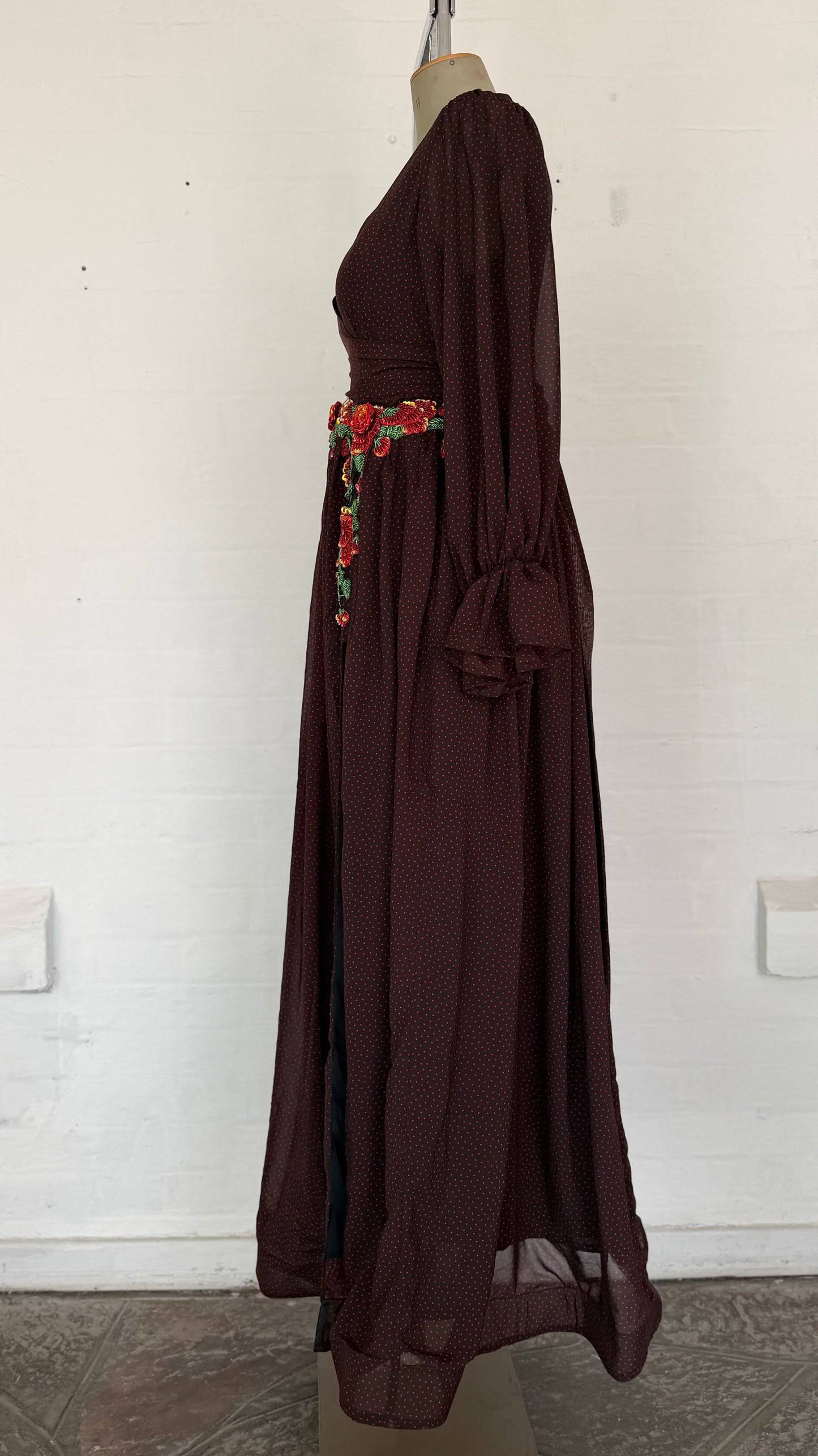 Burgundy Polka Dot Wrap Maxi Dress with Floral Embroidered Belt