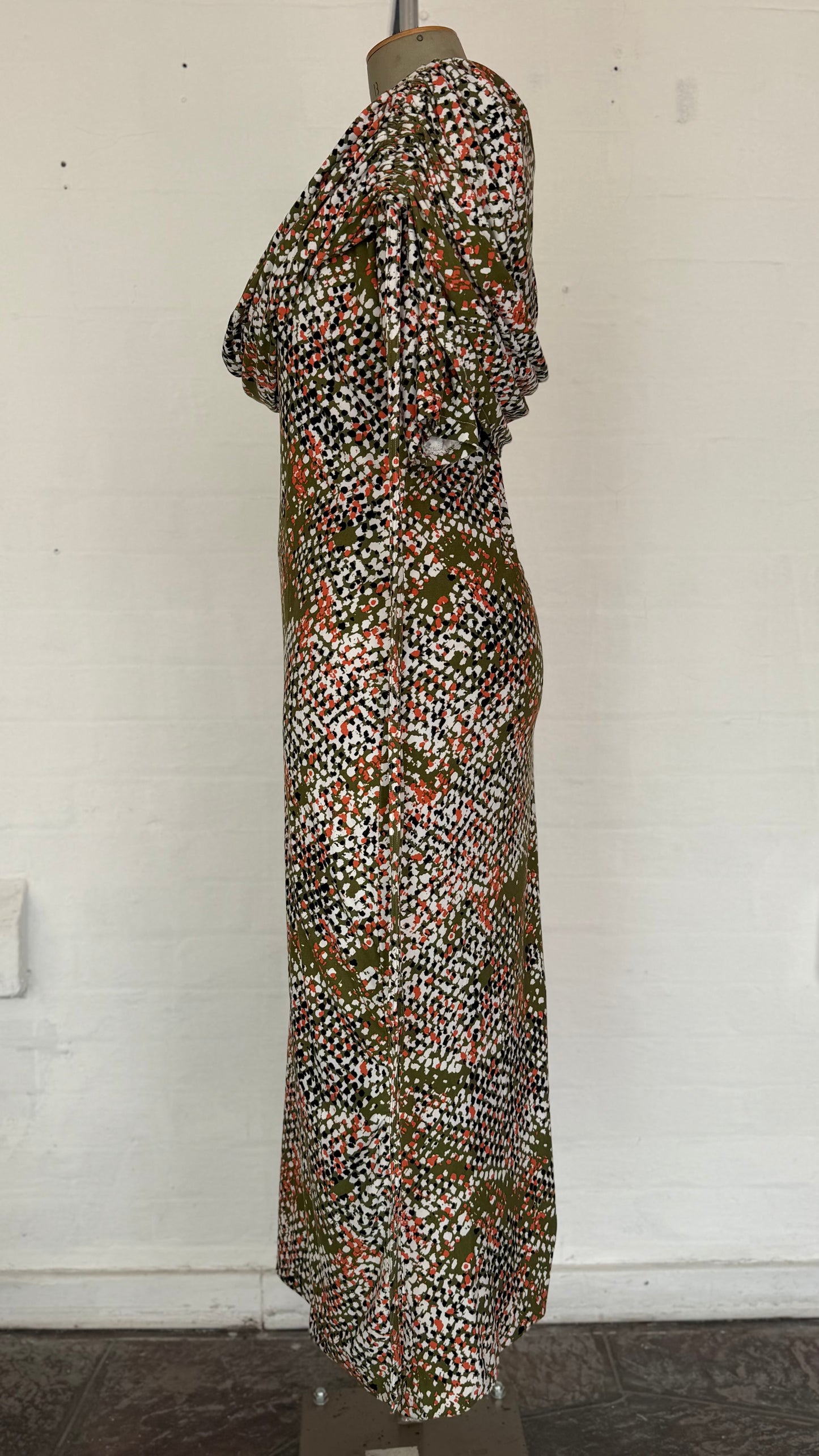 Olive Ditsy Print Cowl Neck Midi Dress with Tie Sleeves.