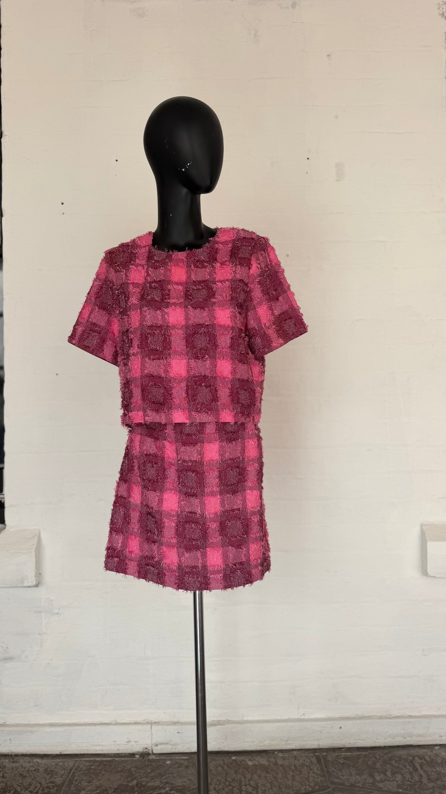 Pink Checkered Fringed Tweed 2-Piece Skirt Set