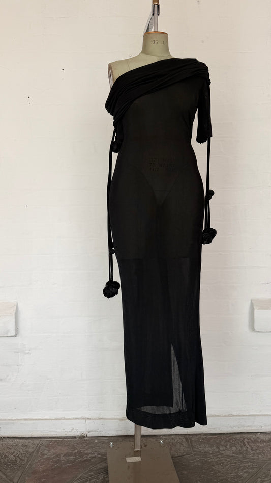 Black Sheer One-Shoulder Draped Maxi Dress with Floral Ties.