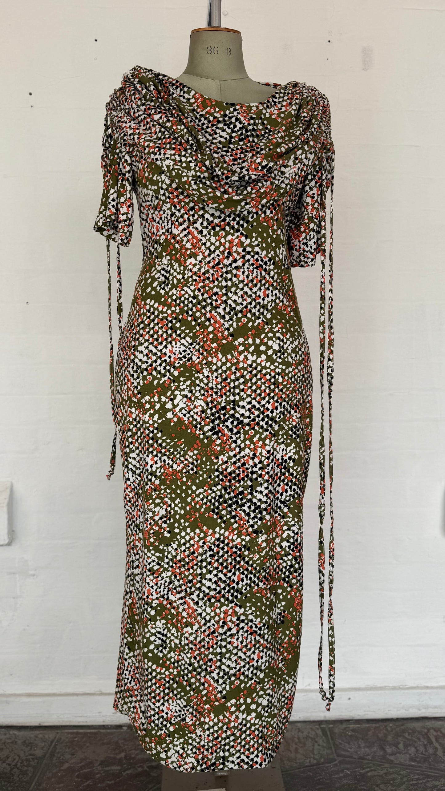 Olive Ditsy Print Cowl Neck Midi Dress with Tie Sleeves.