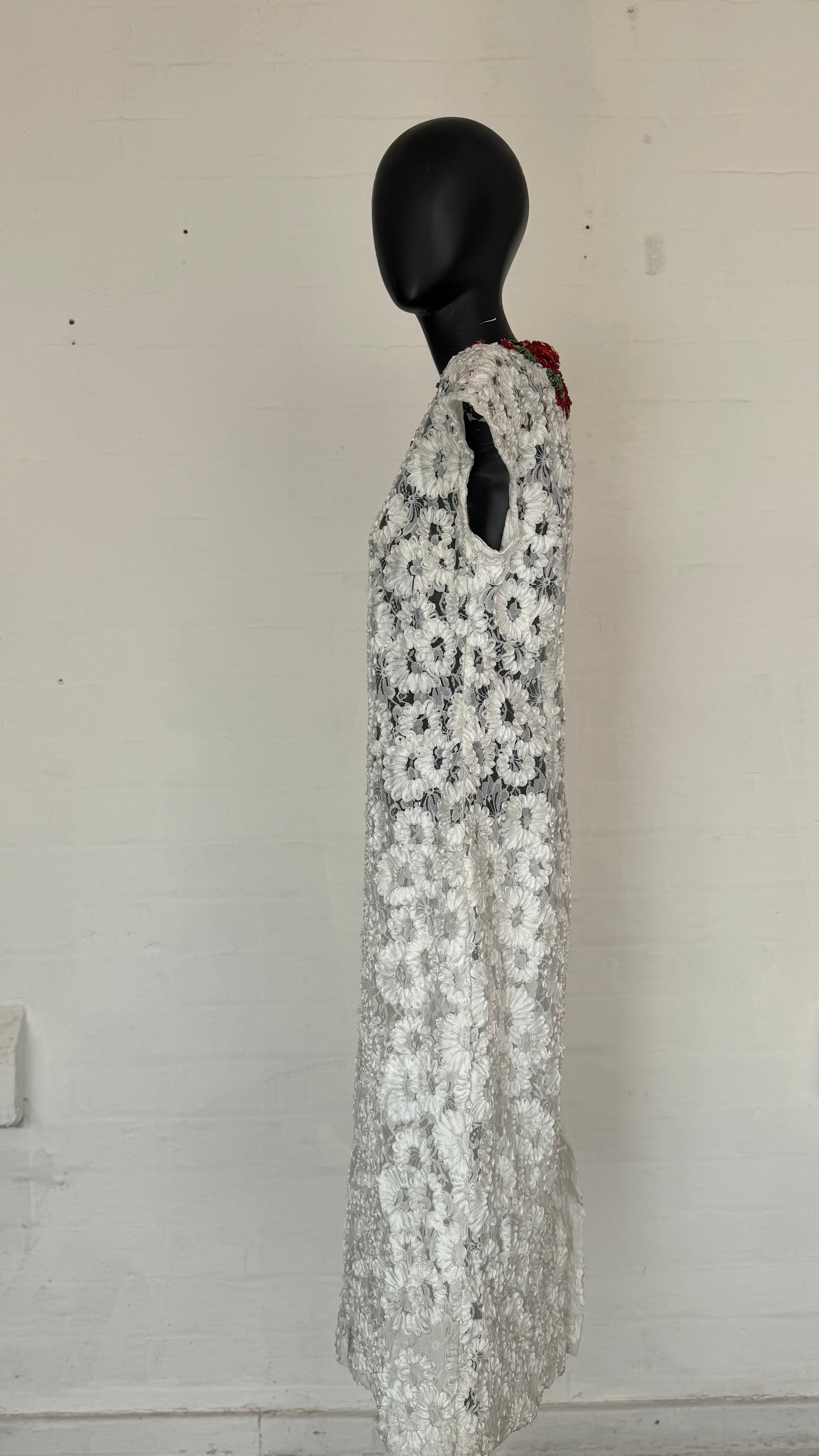 White Floral Lace Midi Dress with Embroidered Floral Neckline