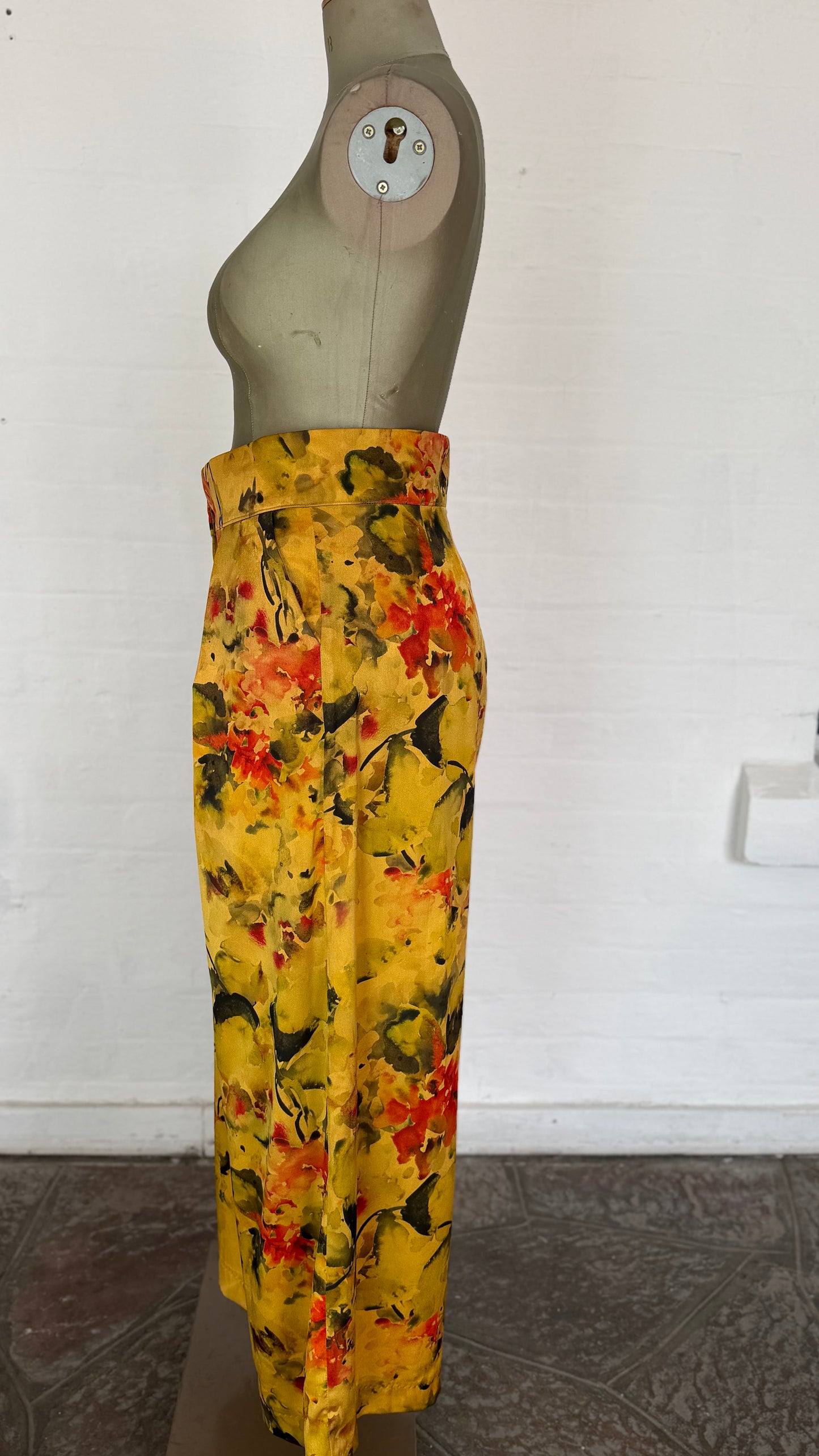 Mustard Water-colour Floral High-Waist Wide-Leg Pants