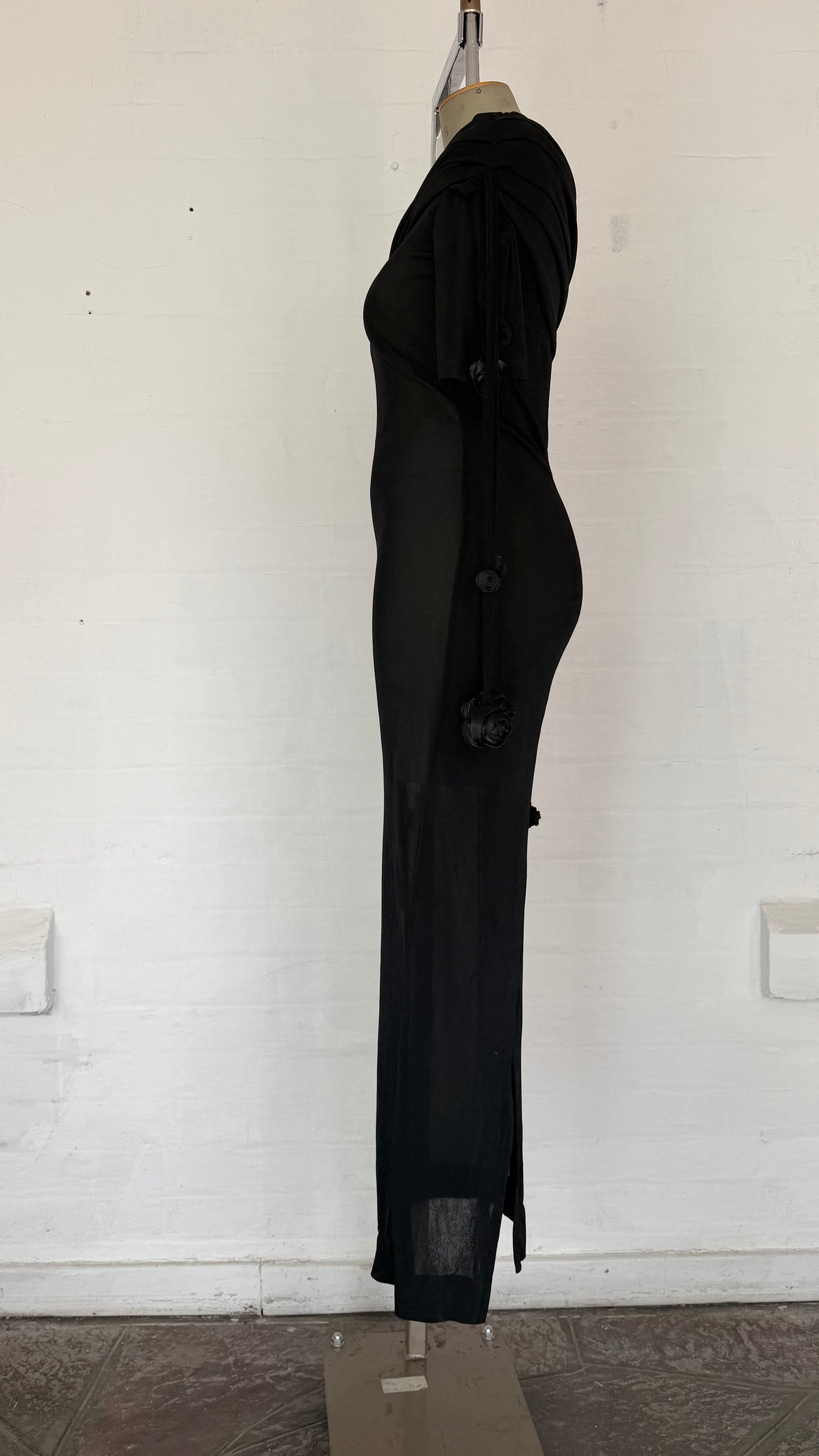 Black Sheer One-Shoulder Draped Maxi Dress with Floral Ties.
