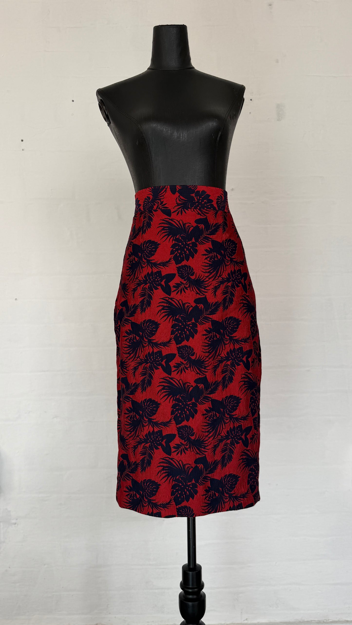 High-Waisted Red & Navy Tropical Print Pencil Skirt
