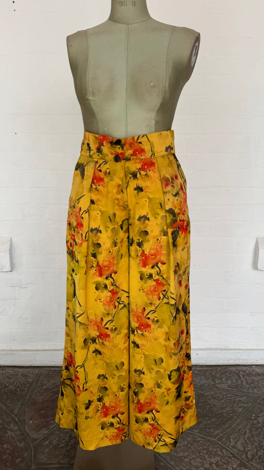 Mustard Water-colour Floral High-Waist Wide-Leg Pants