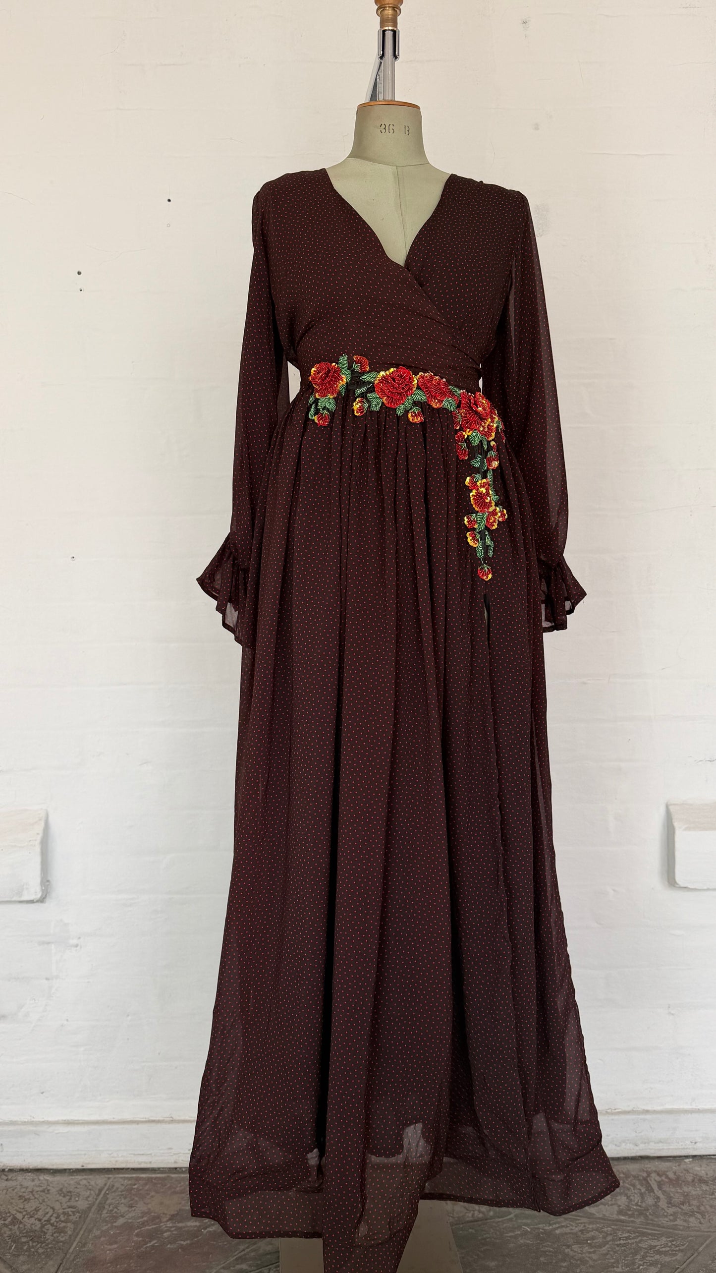 Burgundy Polka Dot Wrap Maxi Dress with Floral Embroidered Belt