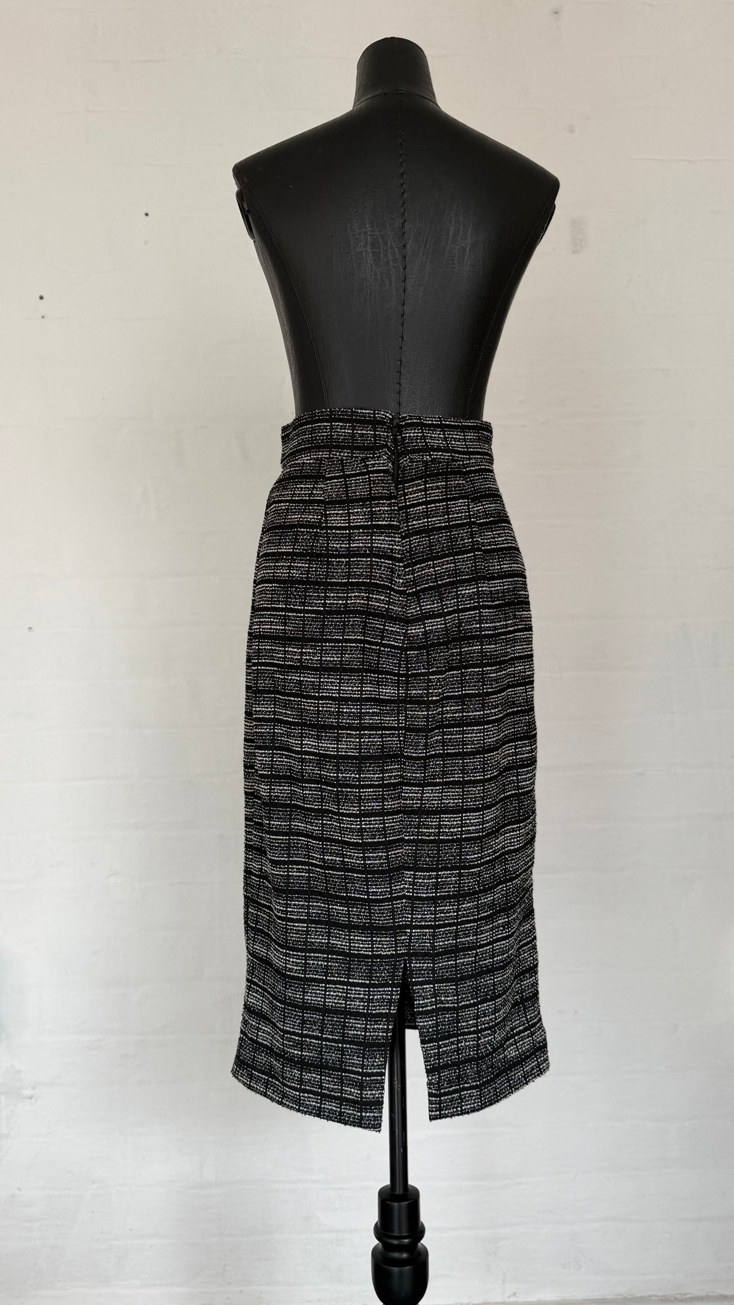 High-Waisted Black & White Tweed Check Midi Pencil Skirt