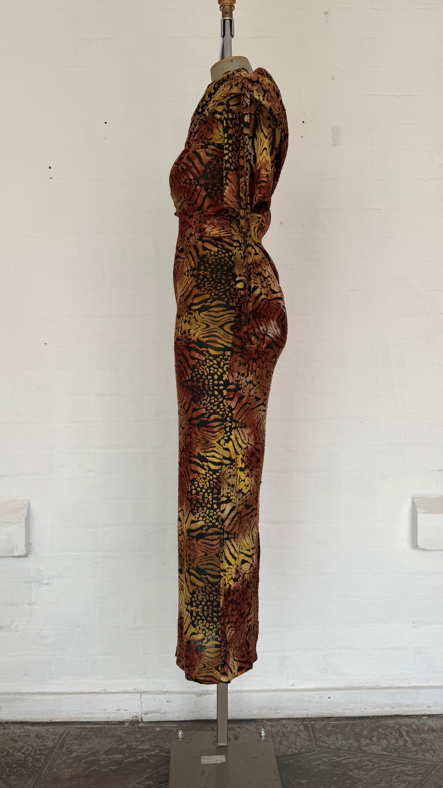 Rust & Gold Animal Print One-Shoulder Bodycon Midi Dress.
