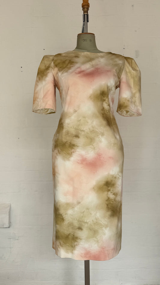 Blush & Olive Water-colour Tie-Dye Midi Sheath Dress.