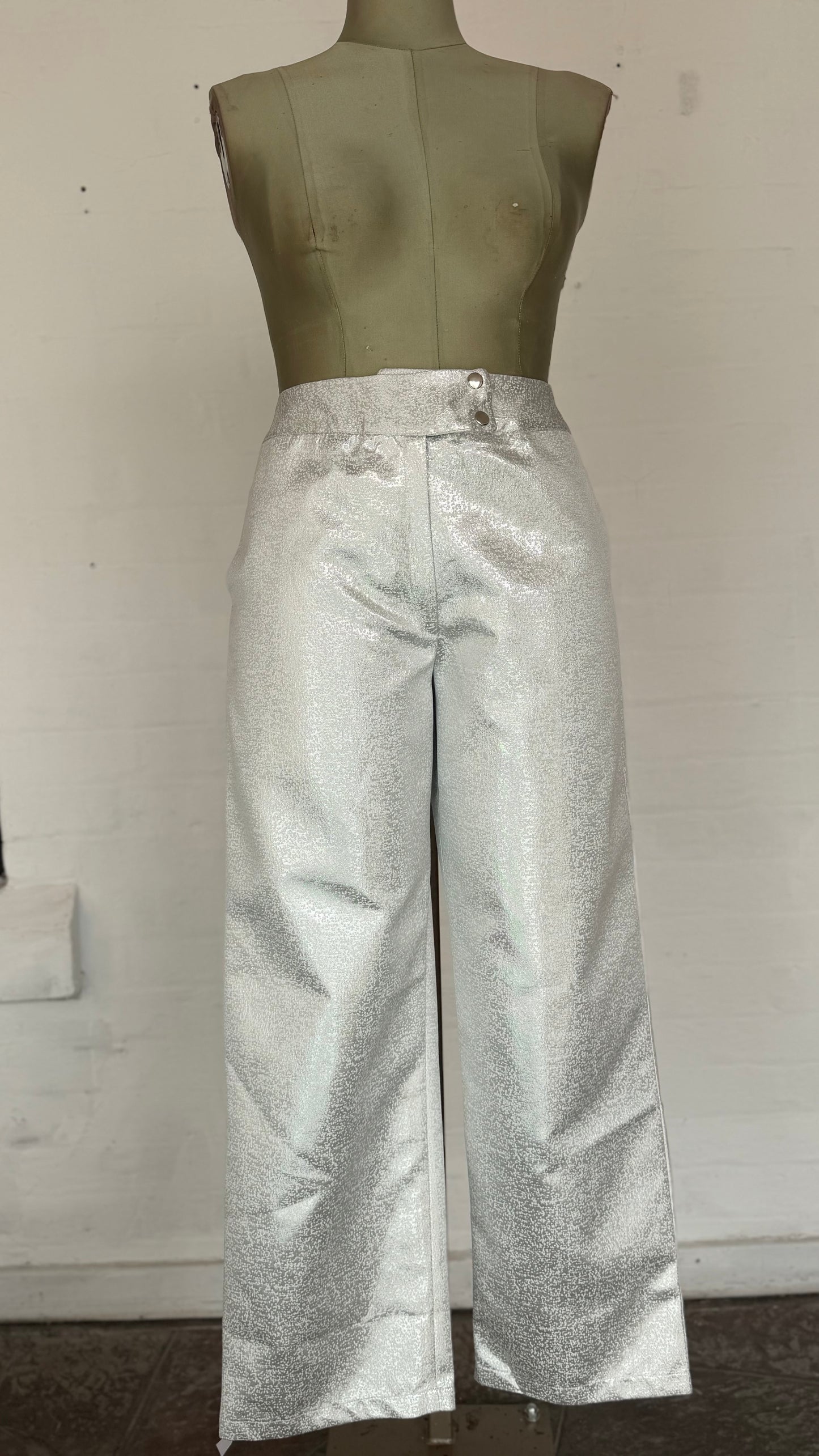 High-Waisted Metallic Silver Shimmer Wide-Leg Pants.