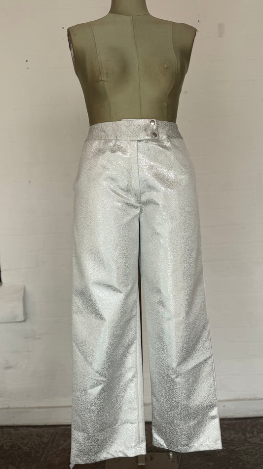 High-Waisted Metallic Silver Shimmer Wide-Leg Pants.