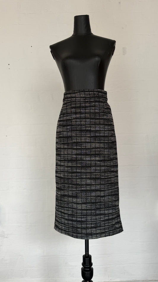 High-Waisted Black & White Tweed Check Midi Pencil Skirt