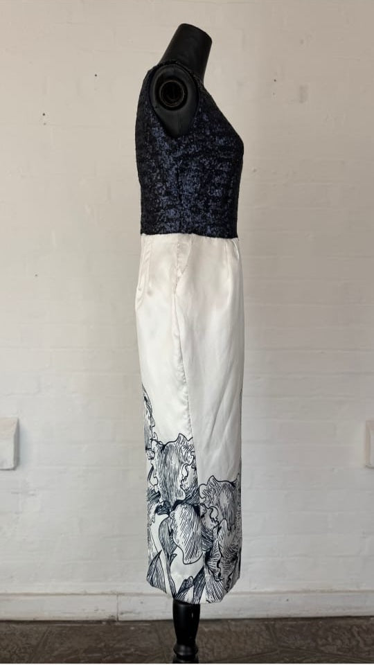 Navy Sequin and Floral Print Midi Dress