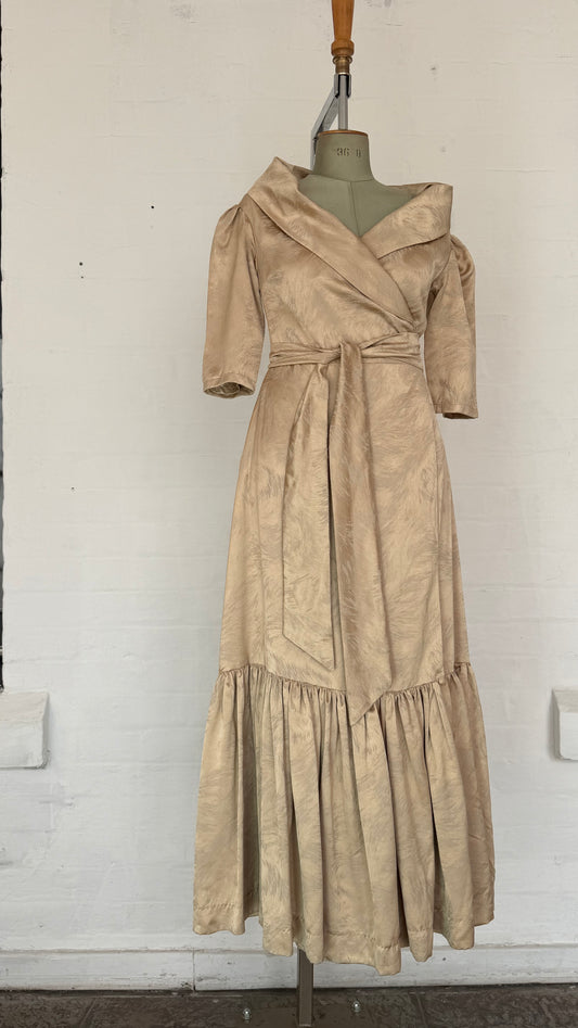 Beige Satin Wrap Off Shoulder Ruffle Hem Midi Dress