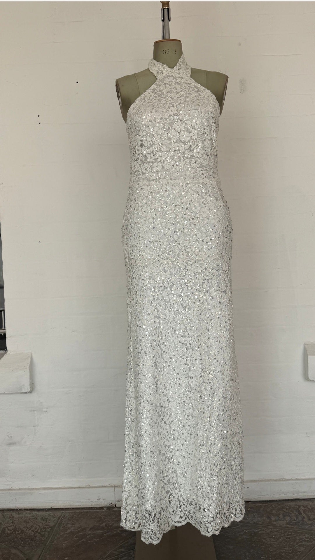White Halter Sequin Lace Column Maxi Dress