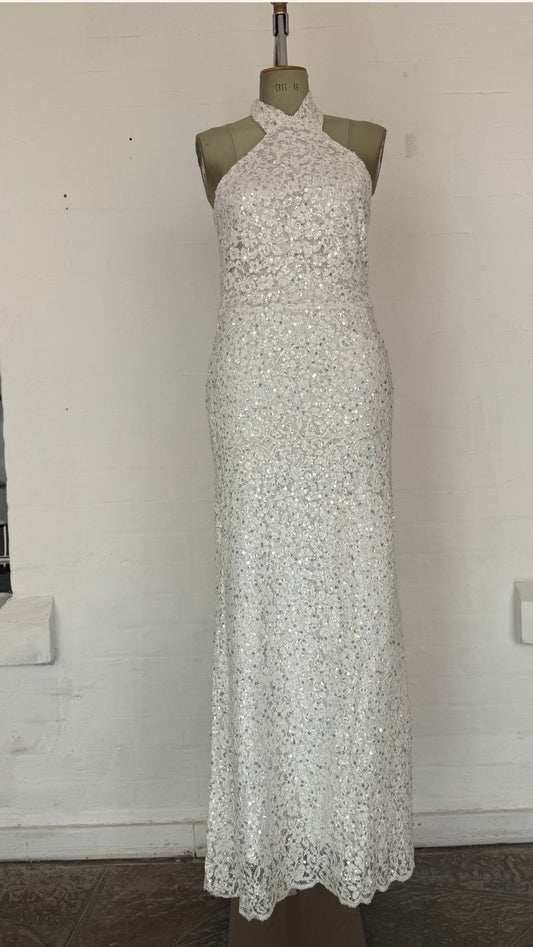 White Halter Sequin Lace Column Maxi Dress