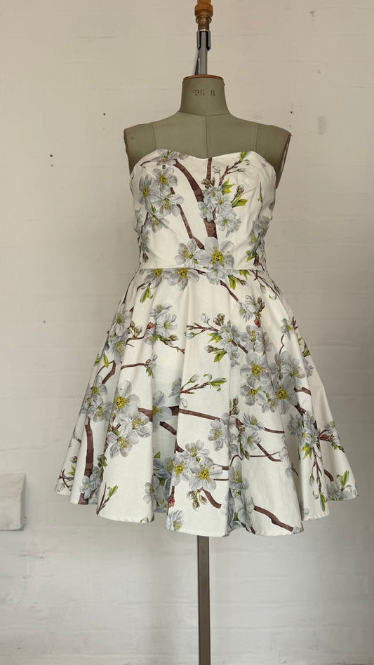 White Cherry Blossom Strapless Fit and Flare Dress