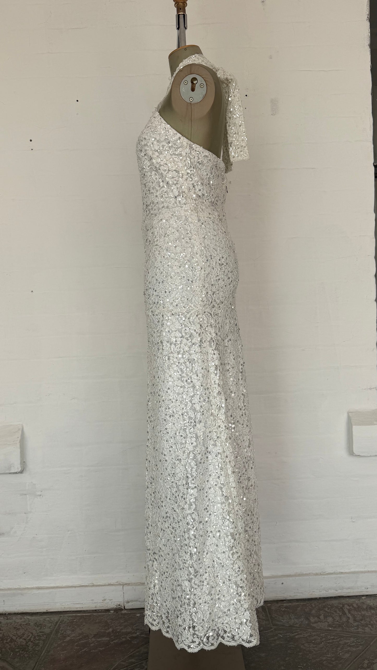 White Halter Sequin Lace Column Maxi Dress