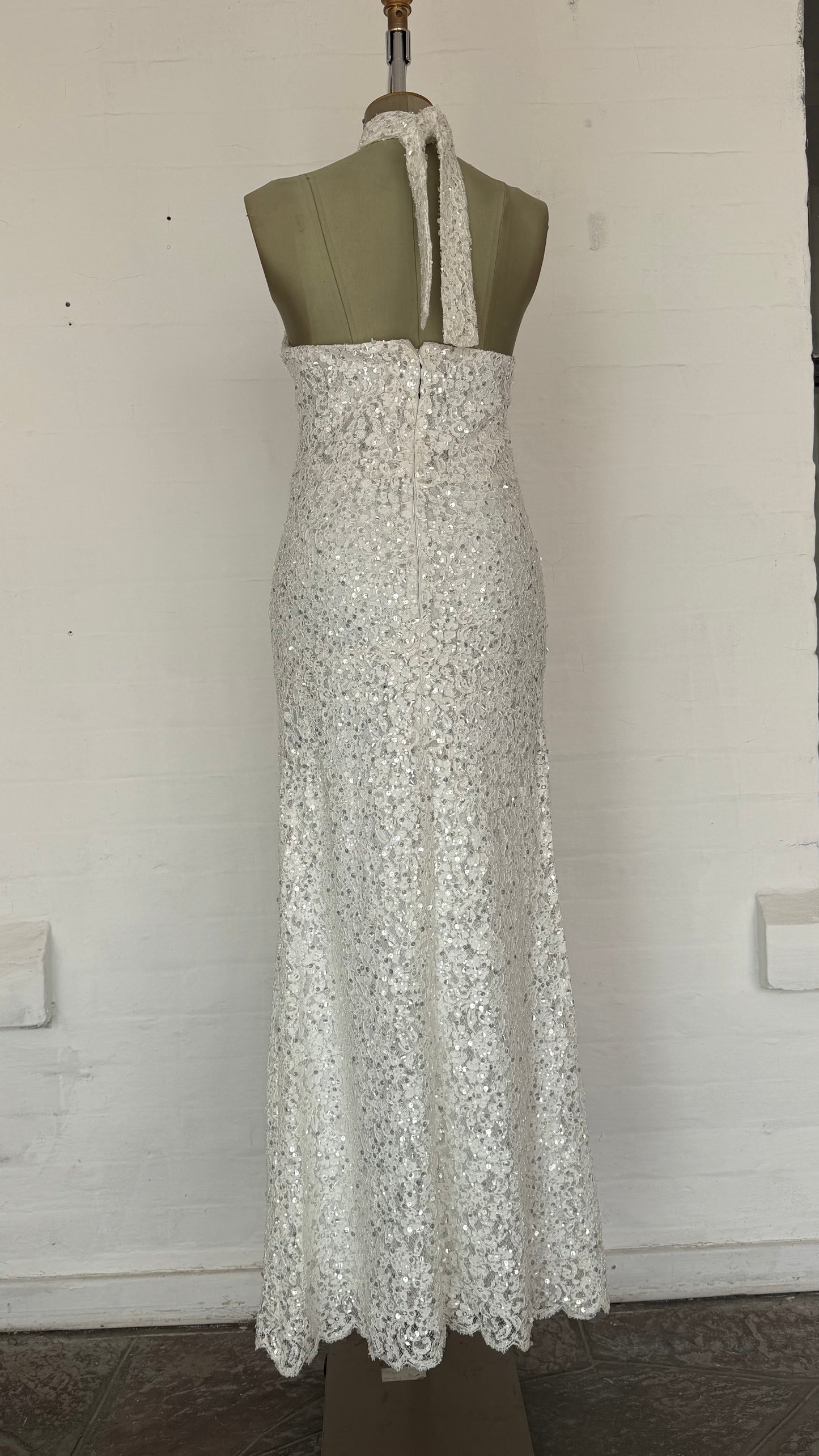 White Halter Sequin Lace Column Maxi Dress